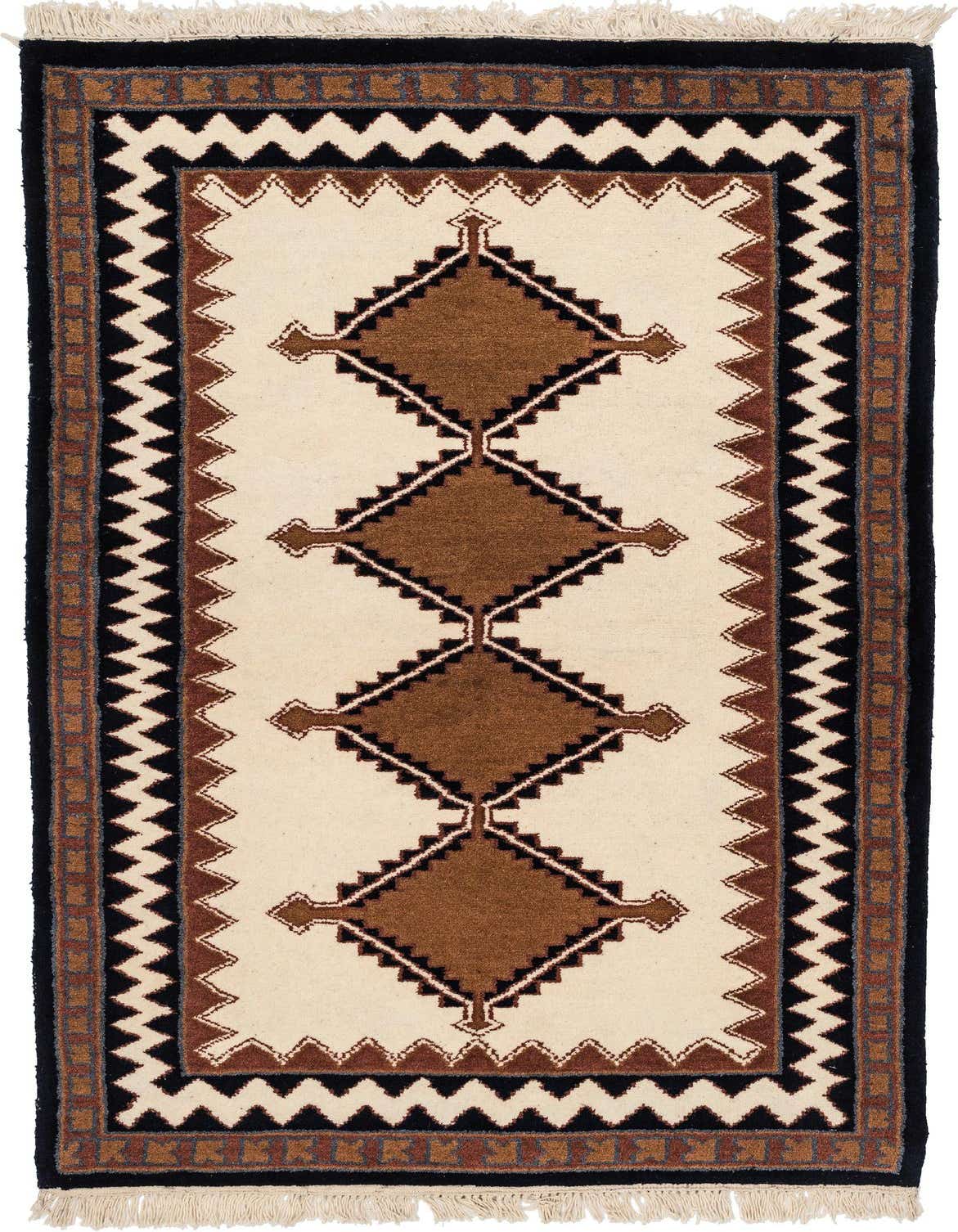 A 3x5 rectangular ivory tribal wool rug with brown geometric diamonds and a black border, featuring fringe.
