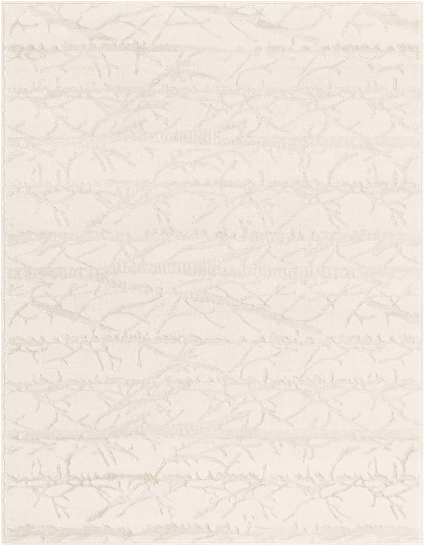 A 4x6 rectangular ivory and cream modern rug with a subtle textured stripe and vine-like pattern.