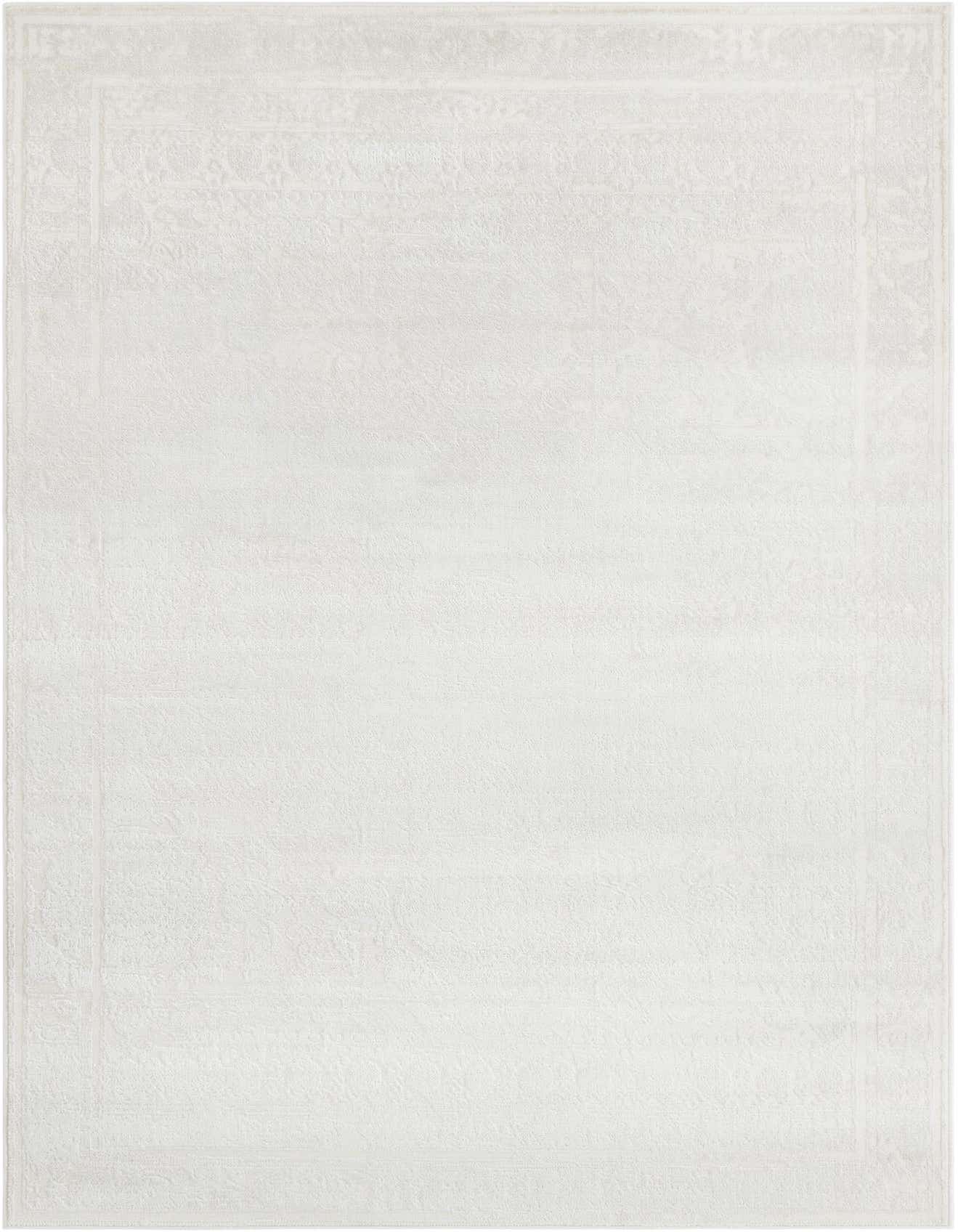 A 5x8 rectangular ivory and cream modern abstract rug with a subtle textured pile, ideal for a living room.