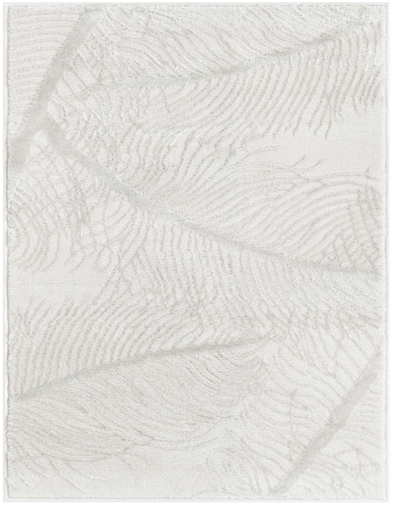 A 2x3 rectangular ivory and cream rug with a modern tropical leaf pattern and a high/low textured pile.