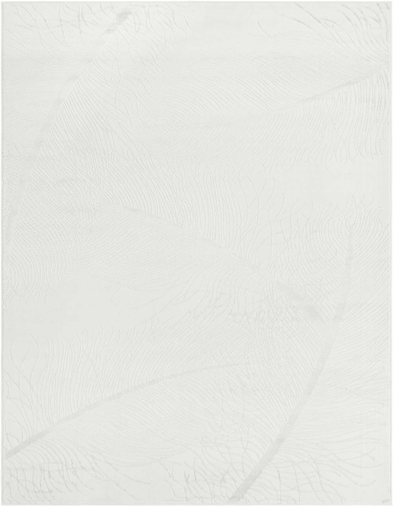 A 6x9 rectangular ivory and cream rug with a subtle high/low textured tropical leaf pattern, suitable for a modern living room.