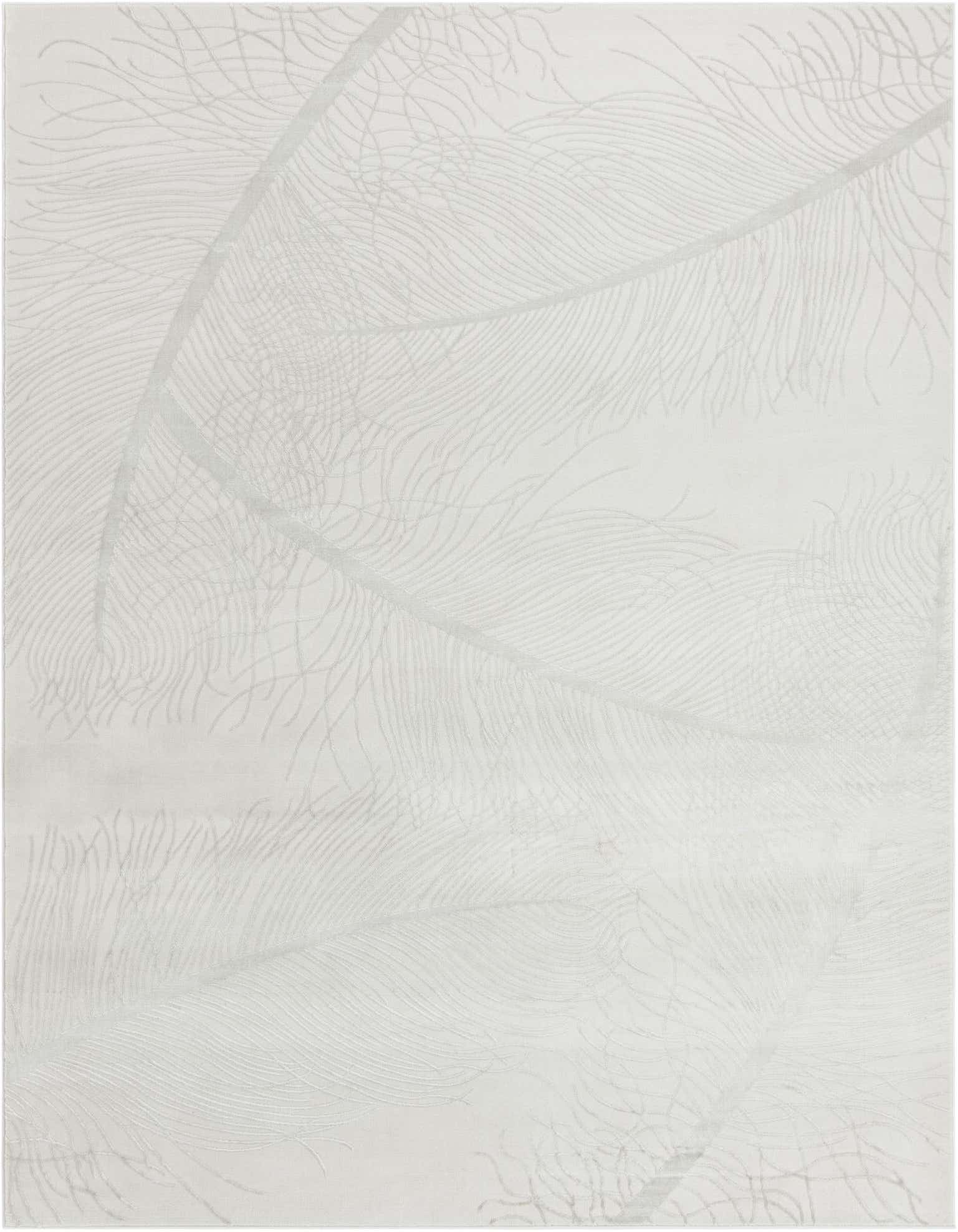 A 9x12 rectangular ivory and cream area rug with a modern tropical feather pattern and textured high/low pile.