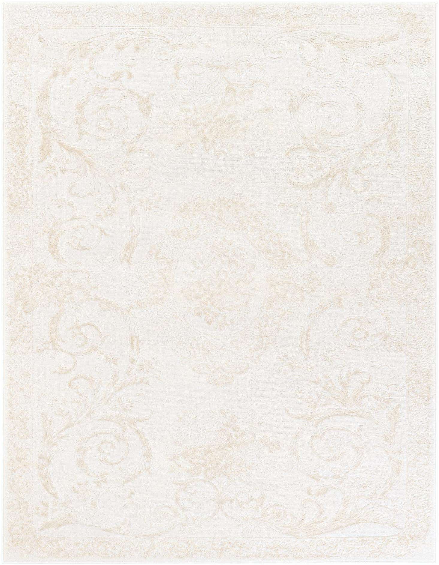 A 5x7 rectangular ivory and cream area rug with a subtle vintage Oriental medallion pattern and textured pile.