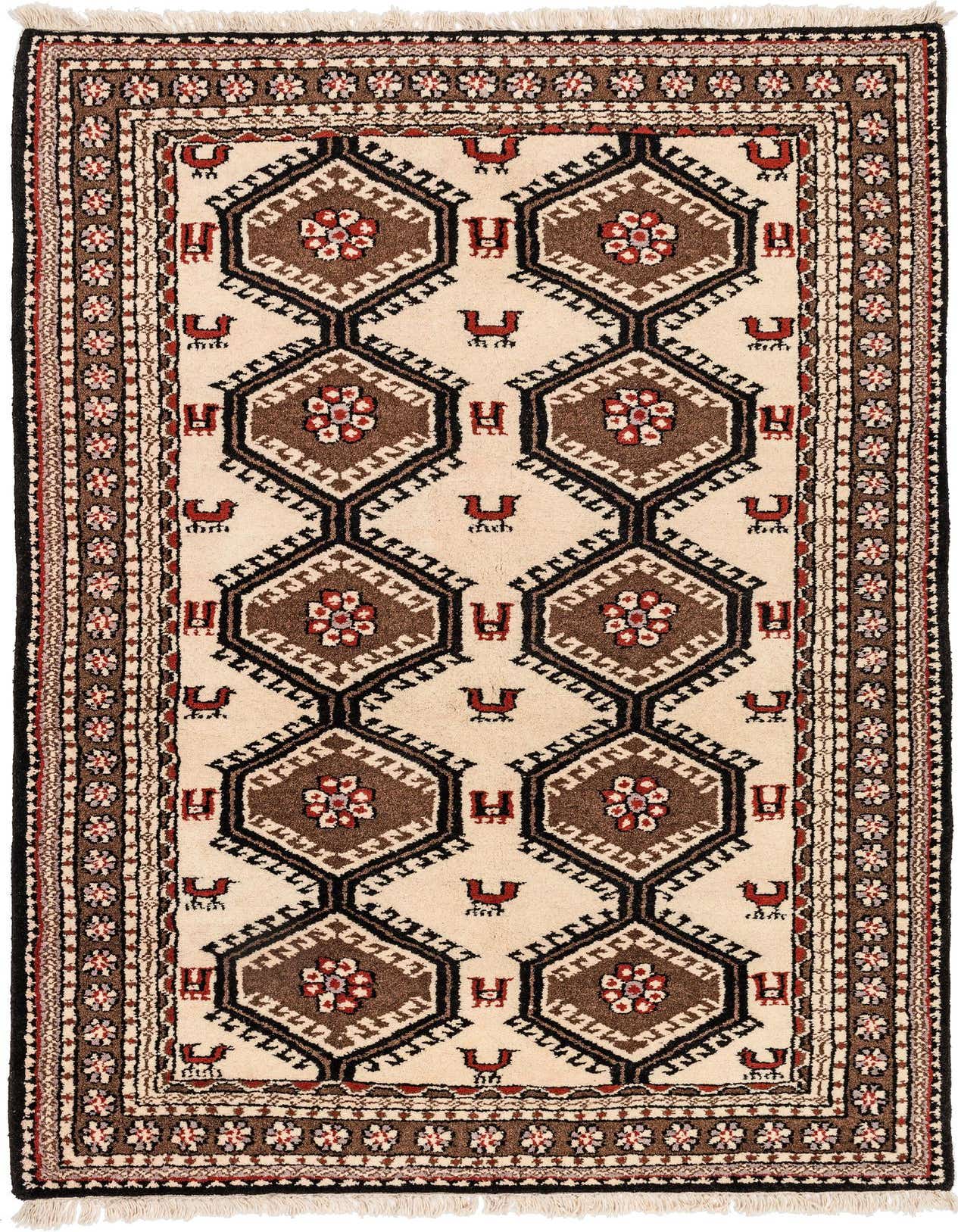 A 4x6 rectangular ivory Gabbeh rug with a modern geometric pattern featuring brown, black, and red accents.