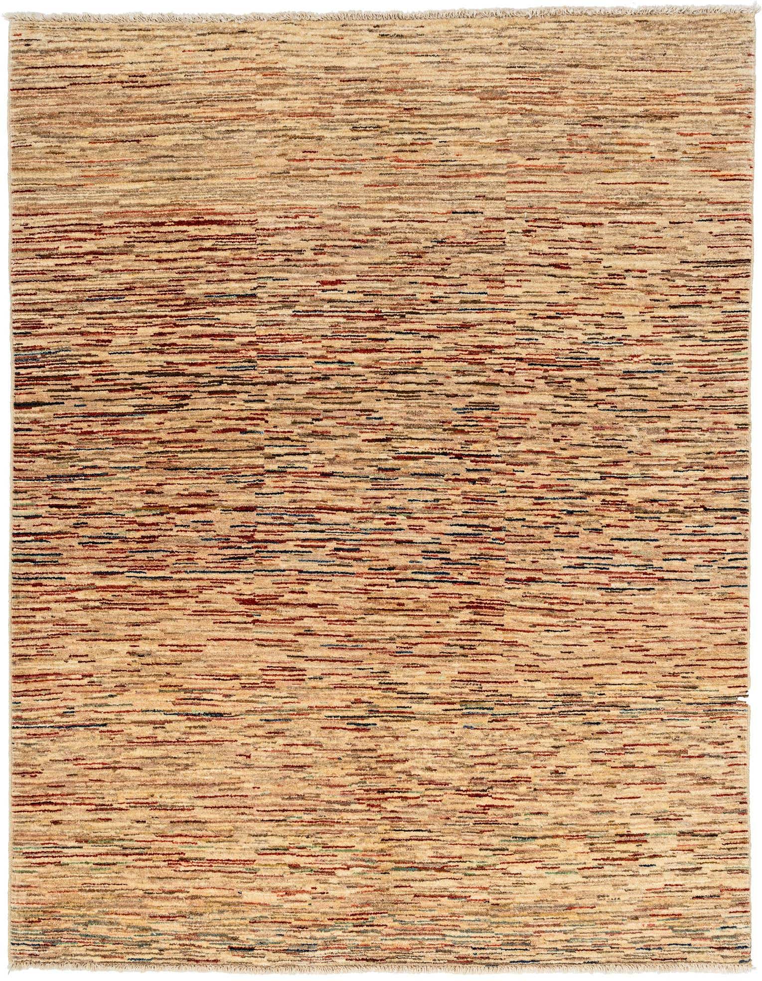 A 5x8 rectangular ivory wool Gabbeh rug with a modern abstract pattern of horizontal stripes in various earthy tones.