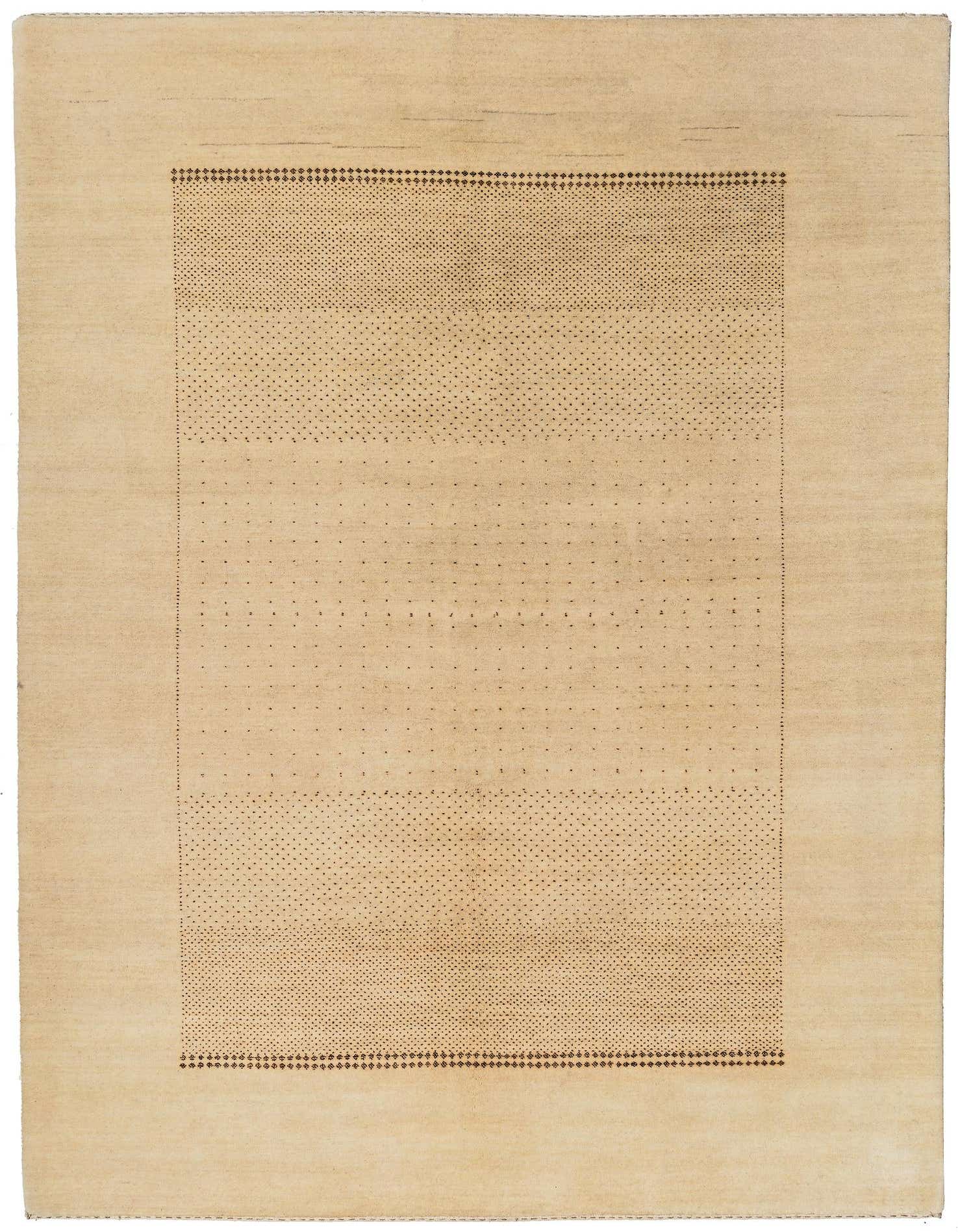 A 5x8 rectangular ivory wool area rug featuring a modern abstract dotted pattern, ideal for a living room.