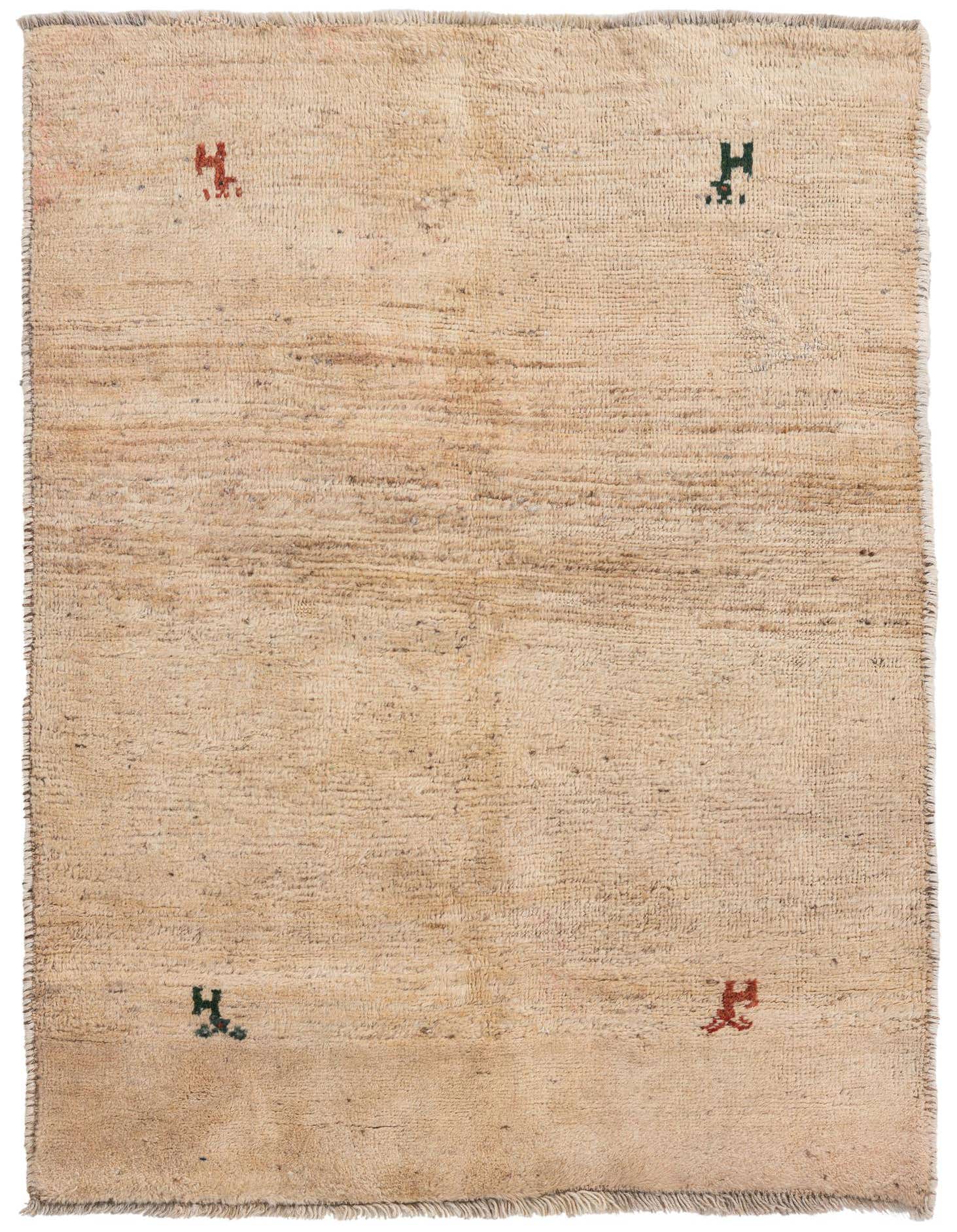 A 3x5 rectangular ivory wool rug with a modern Gabbeh style, featuring subtle red and green abstract symbols in each corner, ideal for a kitchen or entryway.