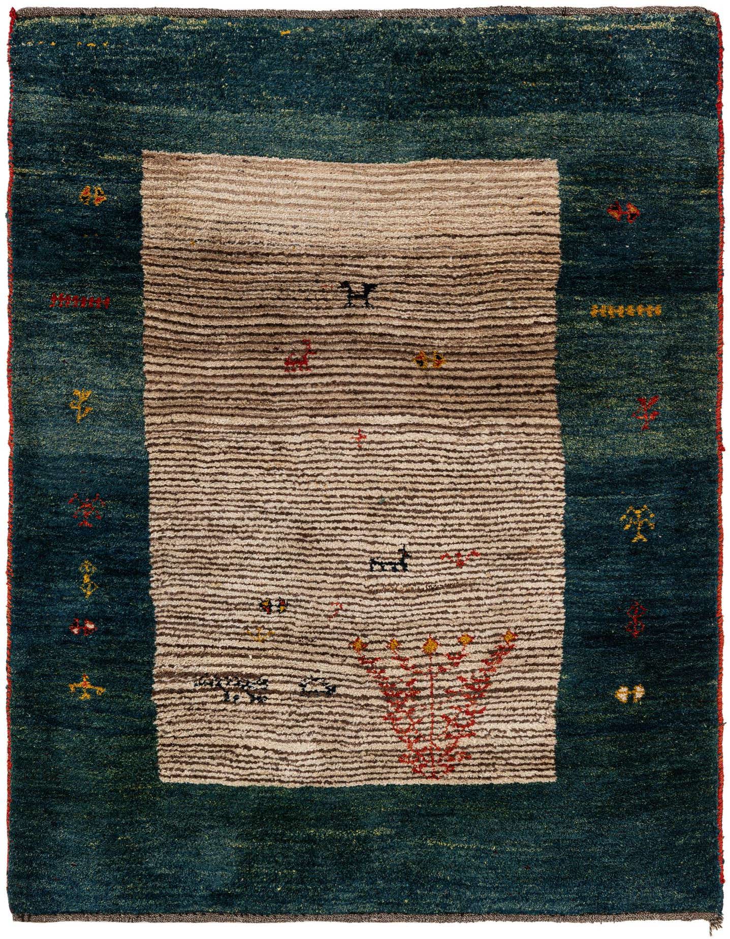 A 4x6 rectangular Gabbeh rug with a cream center and a wide teal border, featuring abstract animal and plant motifs.
