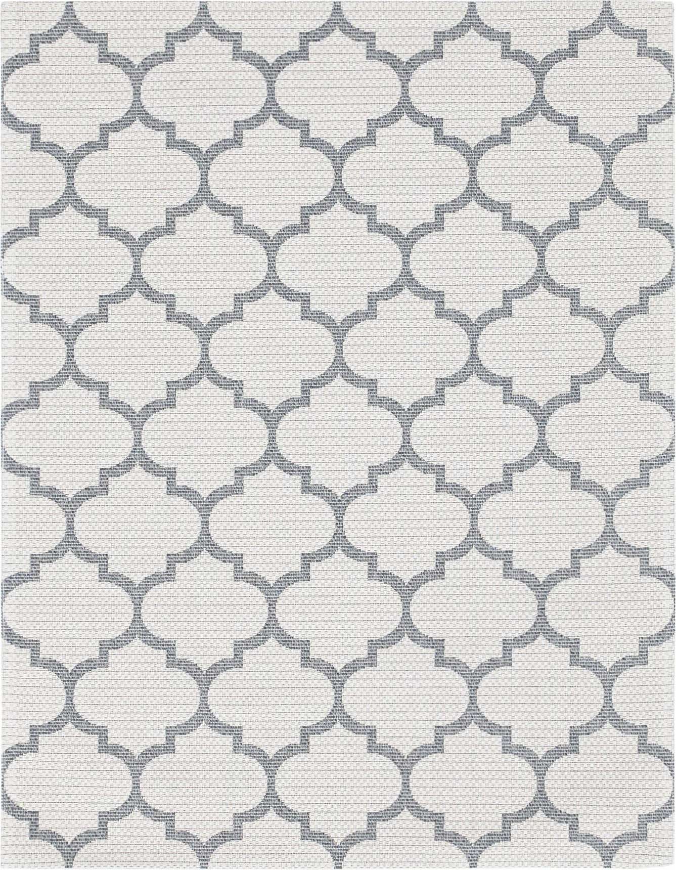 A 4x6 rectangular ivory and gray trellis pattern rug with a flatweave texture, suitable for a living room or office.