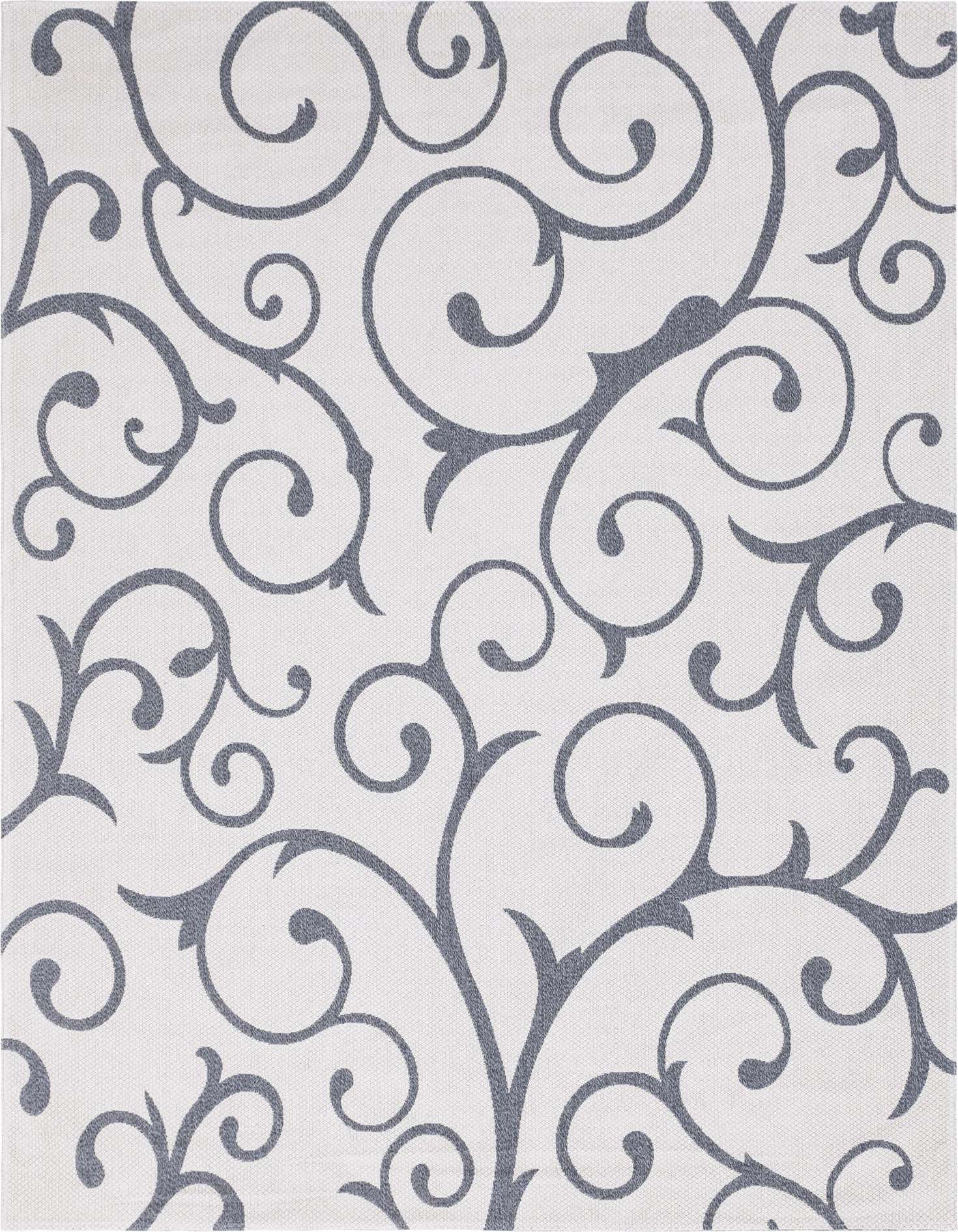 An 8x11 rectangular ivory flatweave rug with a repeating dark gray traditional floral scroll pattern, suitable for a living room.