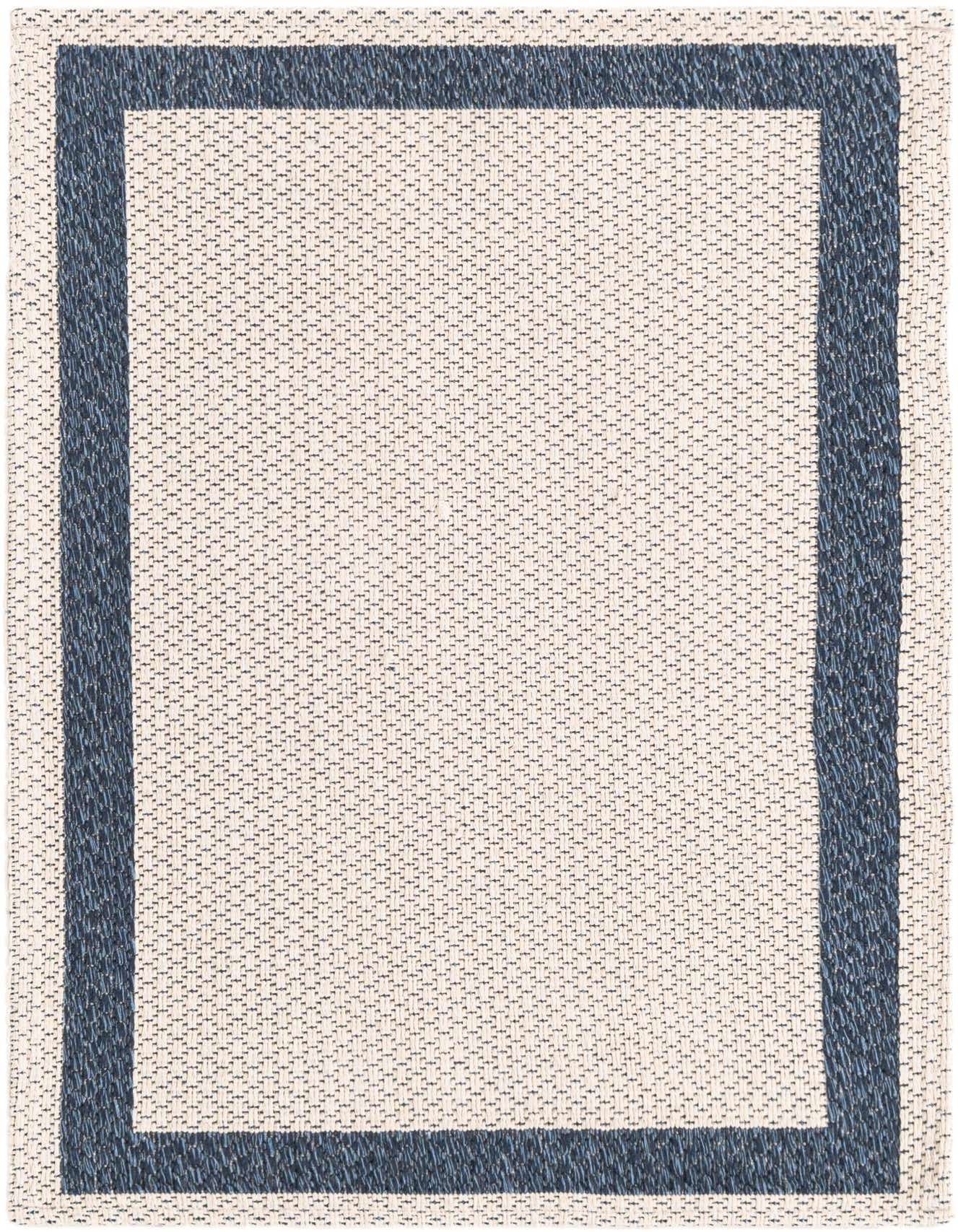 A 2x3 rectangular ivory and cream flatweave rug with a navy blue border, suitable for an entryway or kitchen.
