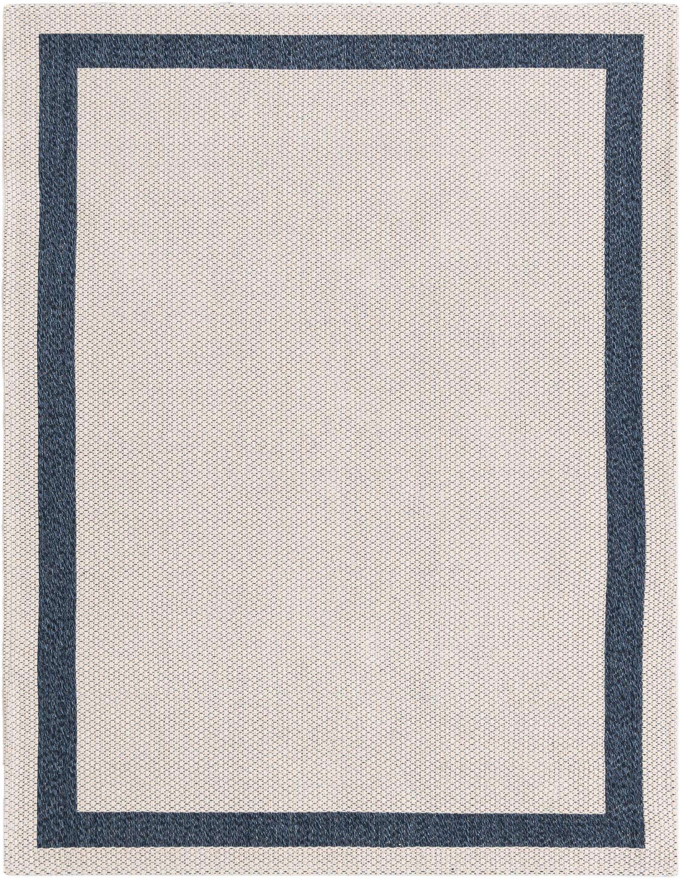 A 4x6 rectangular ivory flatweave rug with a solid navy blue border, suitable for various indoor spaces.