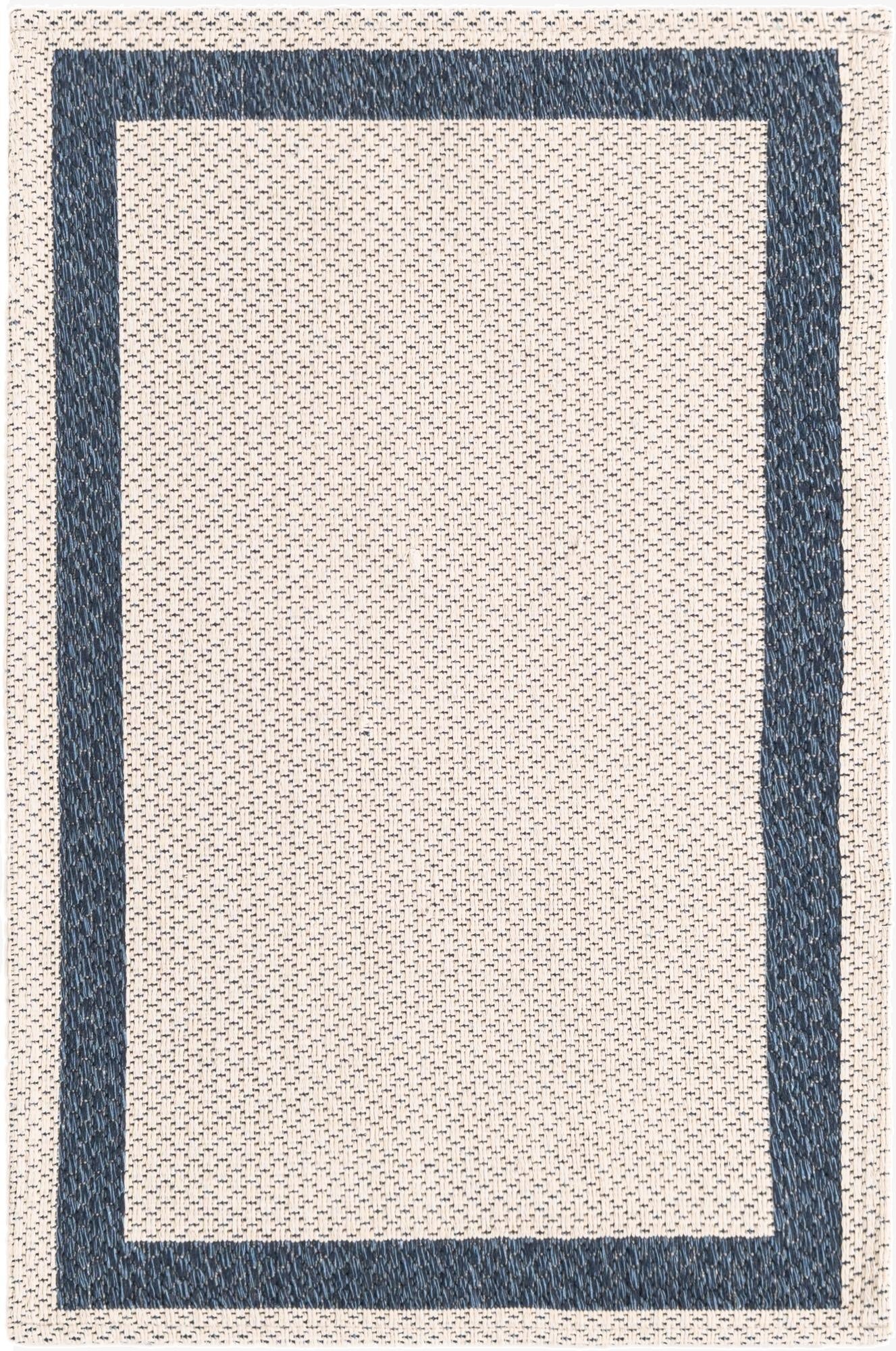 A 2x3 rectangular ivory and cream flatweave rug with a navy blue border, suitable for an entryway or kitchen.