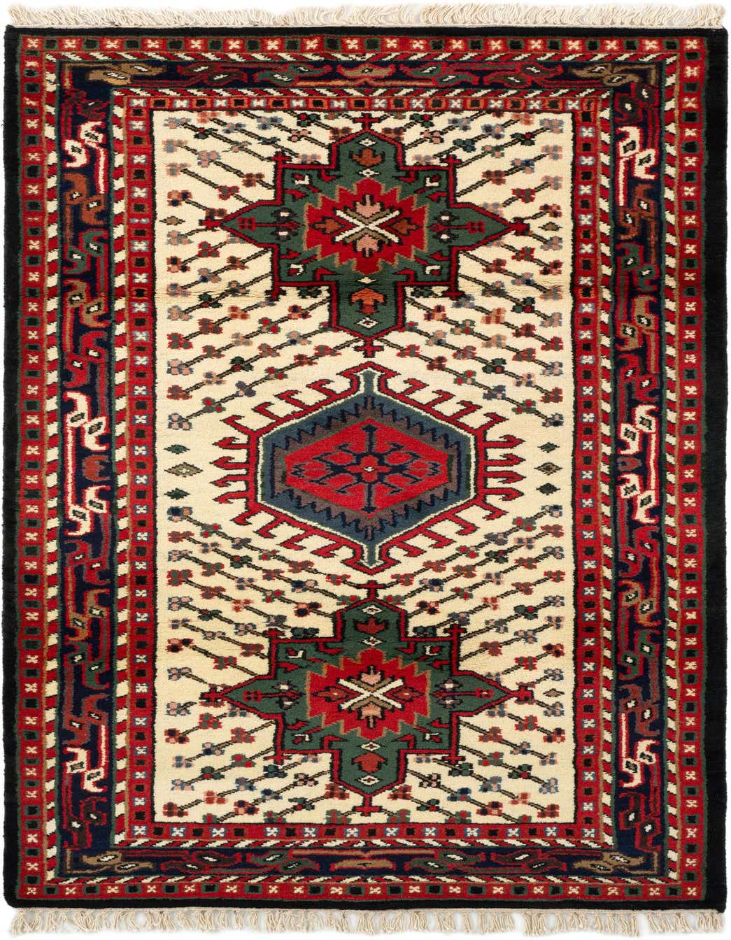 A 4x6 rectangular ivory wool Gharajeh rug with a central medallion and tribal patterns in red, green, and blue.