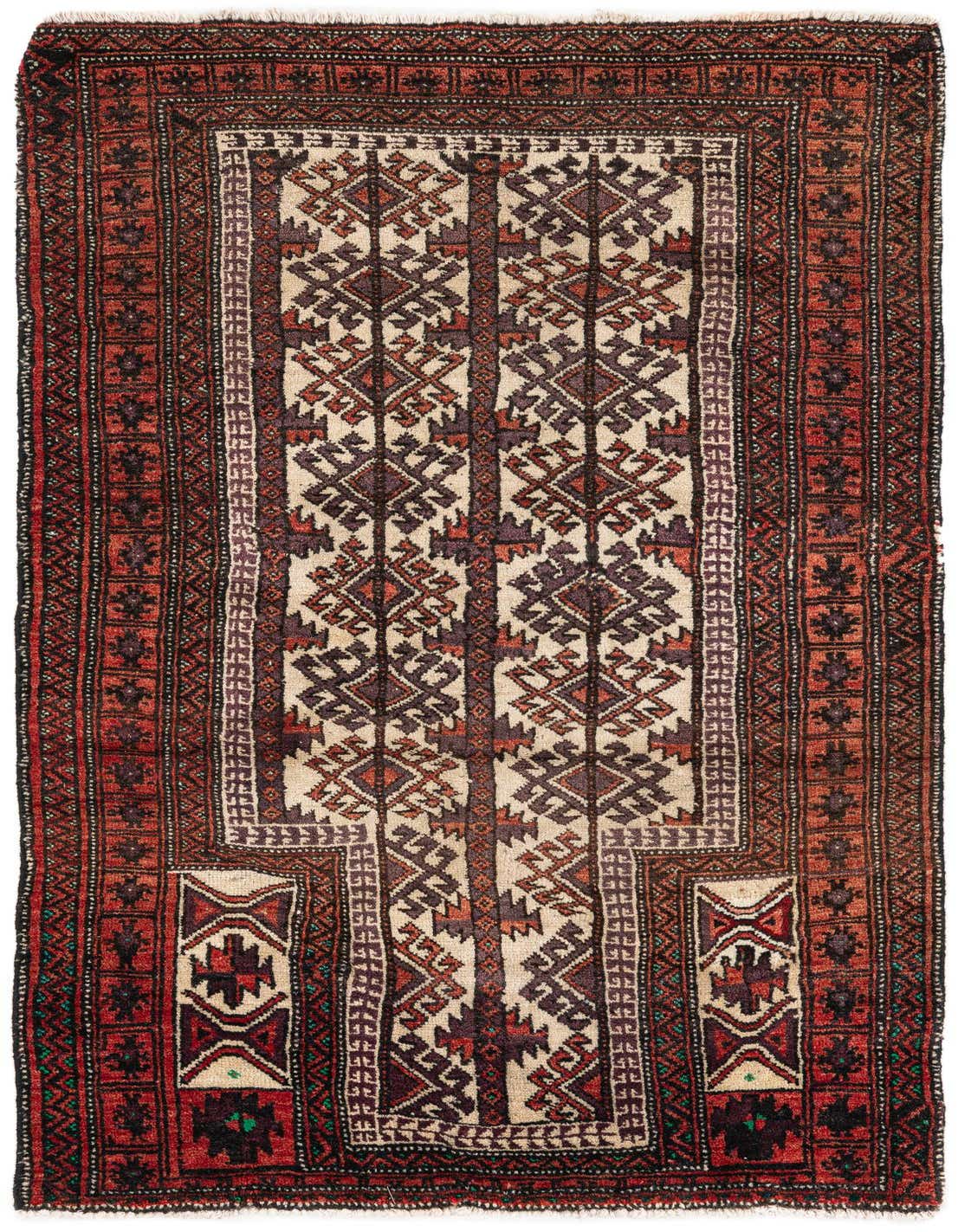 A 3x4 rectangular Hamedan rug featuring a tribal pattern in ivory, cream, red, and brown tones, handmade from wool.