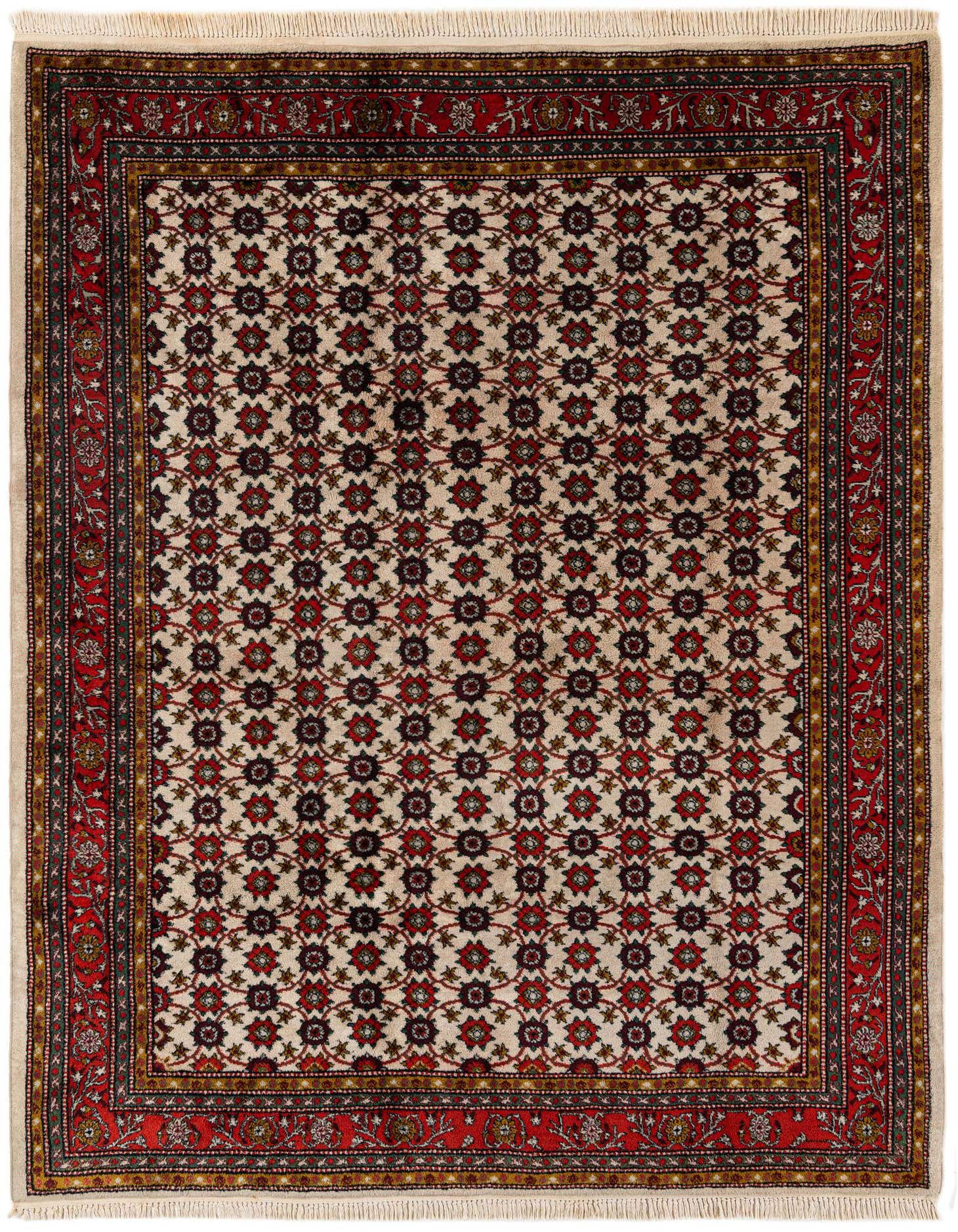 A 6x9 rectangular Hamedan wool rug featuring a traditional tribal pattern in ivory, cream, and red with a detailed border.
