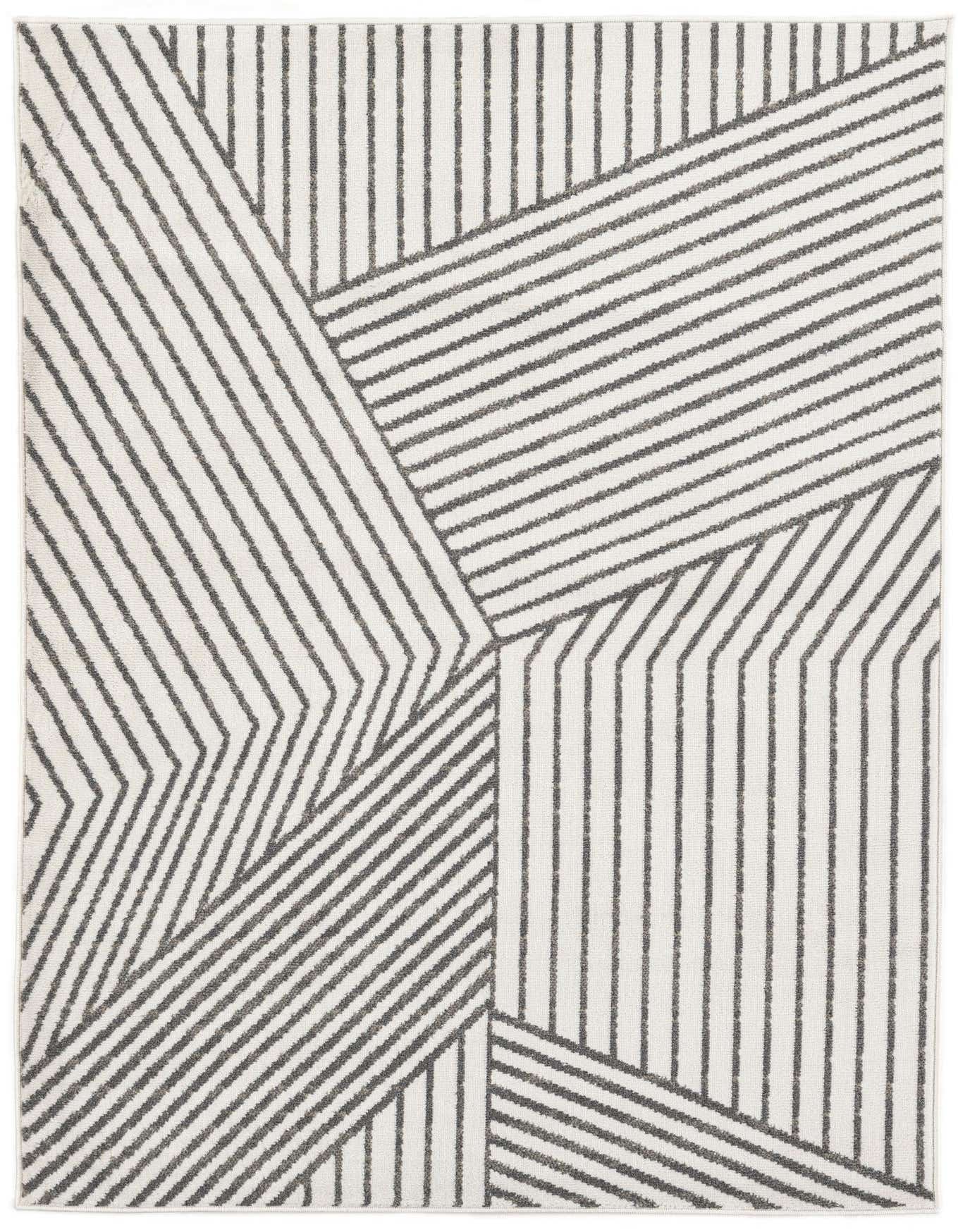 A 5x8 rectangular Hanahan rug with a modern abstract pattern of charcoal grey lines on an ivory background.