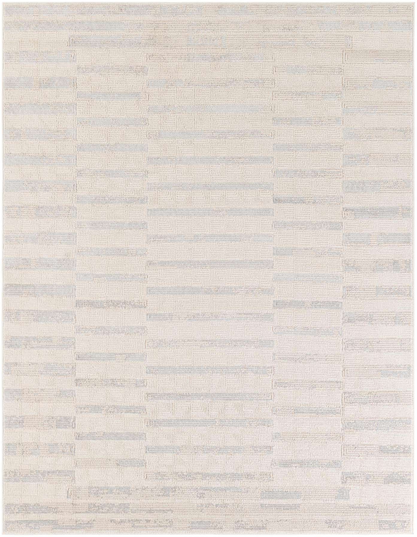 A 5x7 rectangular ivory and cream modern abstract area rug with subtle light blue horizontal stripes.
