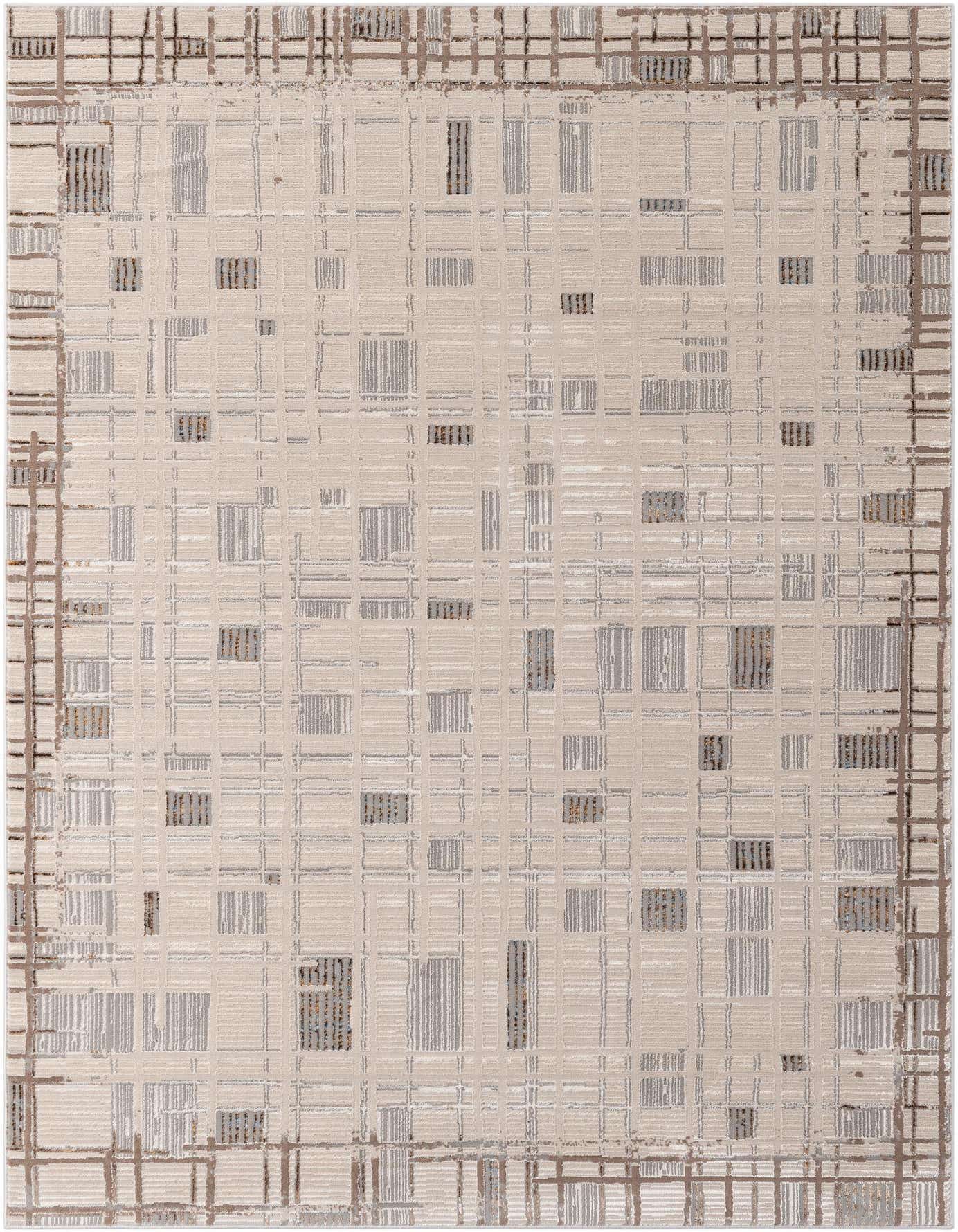 A 5x7 rectangular ivory and cream modern rug with a subtle grid pattern and scattered grey-brown abstract rectangles.
