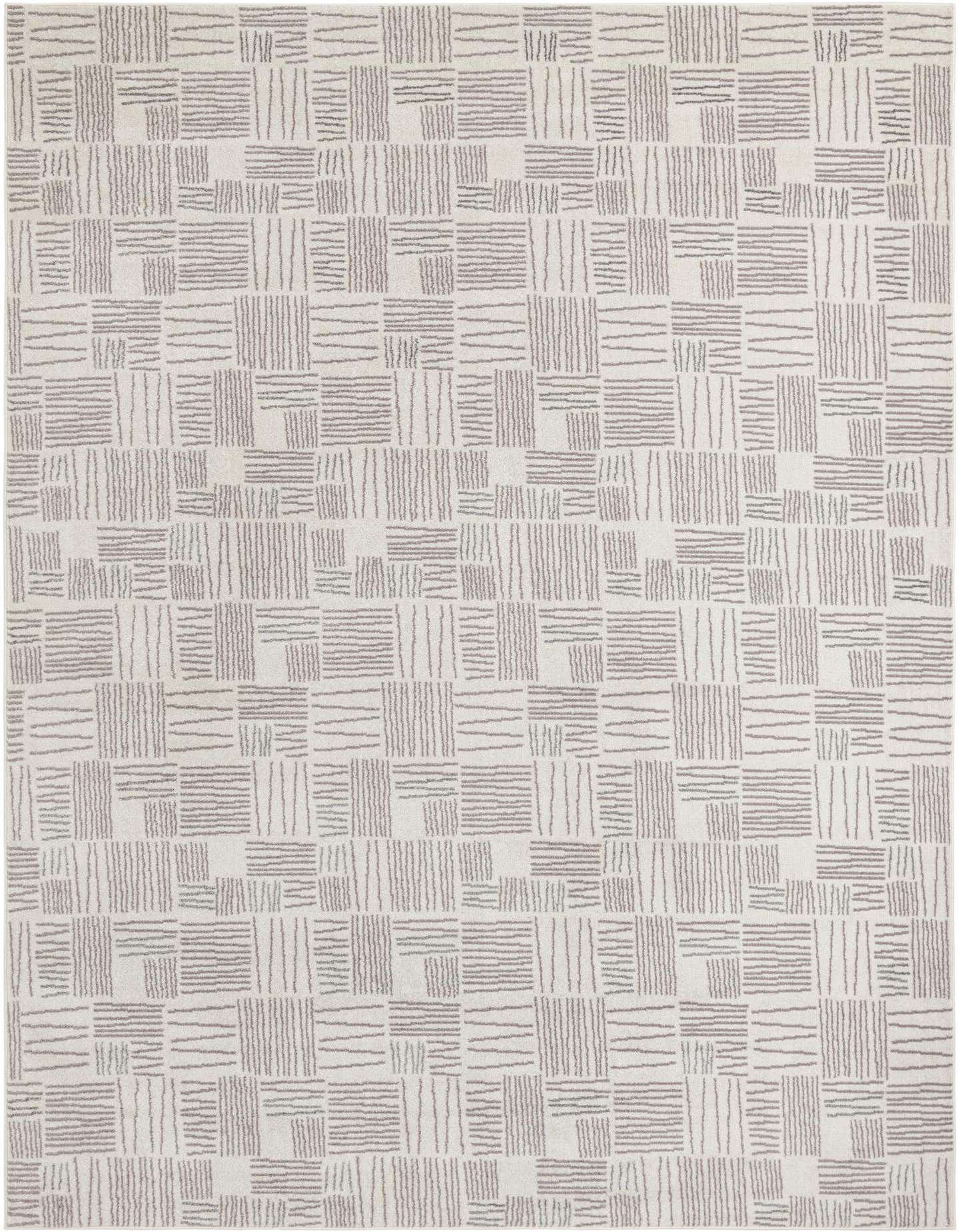 A 10x14 rectangular ivory and cream modern area rug with an abstract pattern of short, textured gray lines arranged in alternating horizontal and vertical blocks.