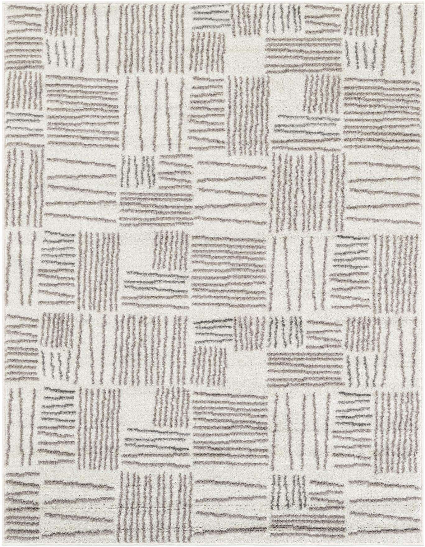 A 4x6 rectangular ivory and cream area rug with a modern abstract pattern of short, irregular taupe lines arranged in alternating horizontal and vertical blocks.