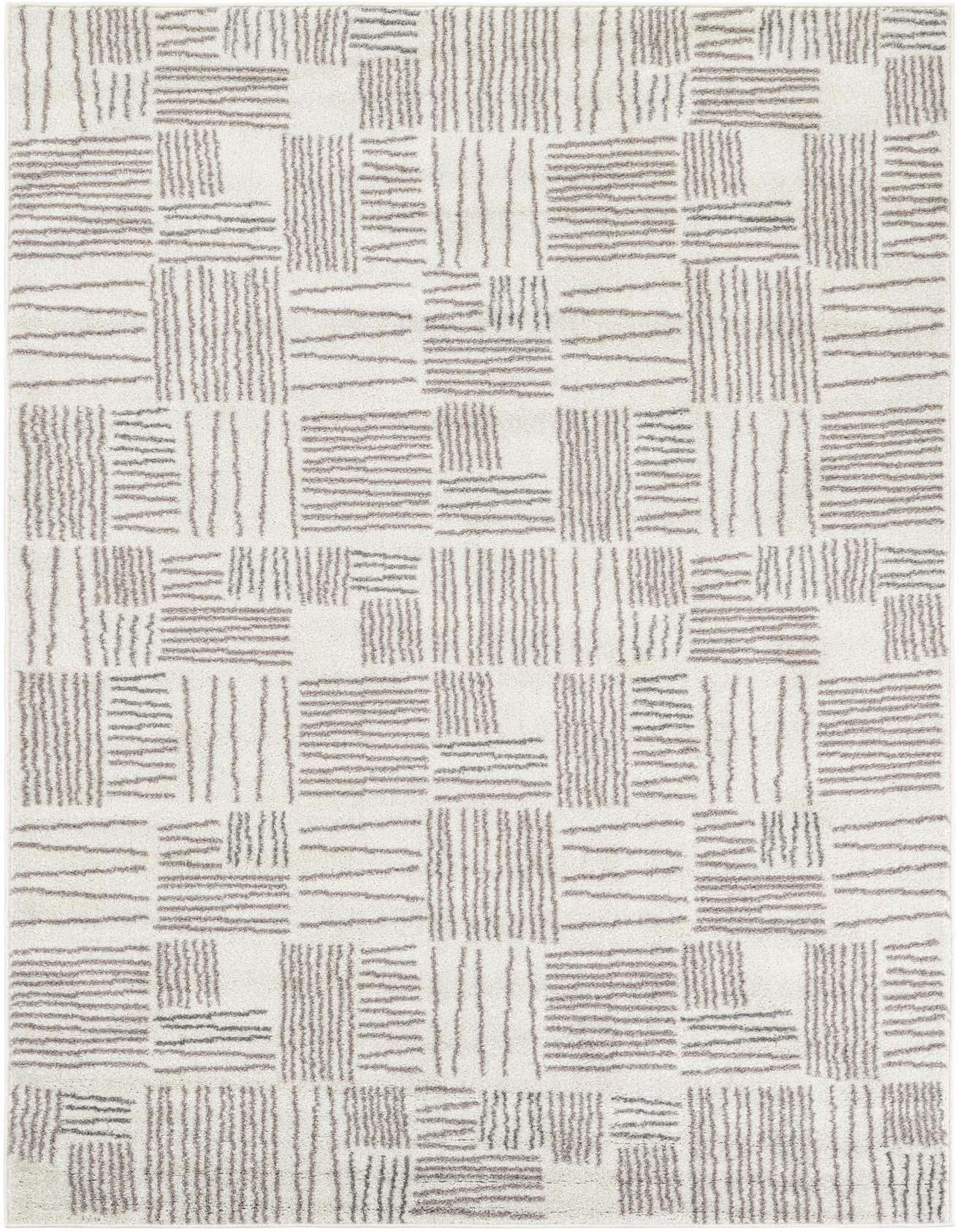 A 5x8 rectangular ivory area rug with a modern abstract pattern of short, textured grey lines forming blocks.