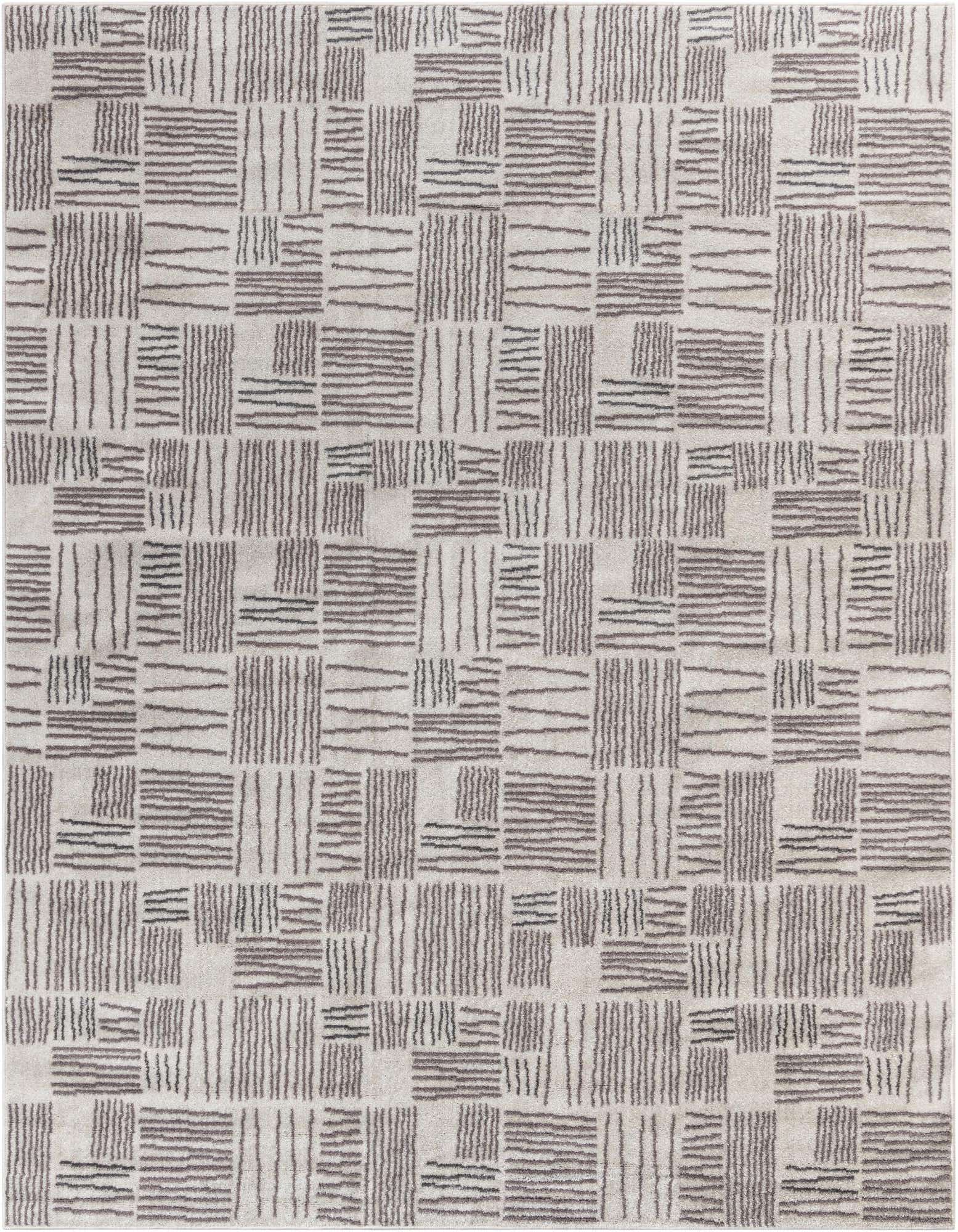 An 8x10 rectangular ivory and gray modern abstract rug with a pattern of alternating horizontal and vertical dashes.
