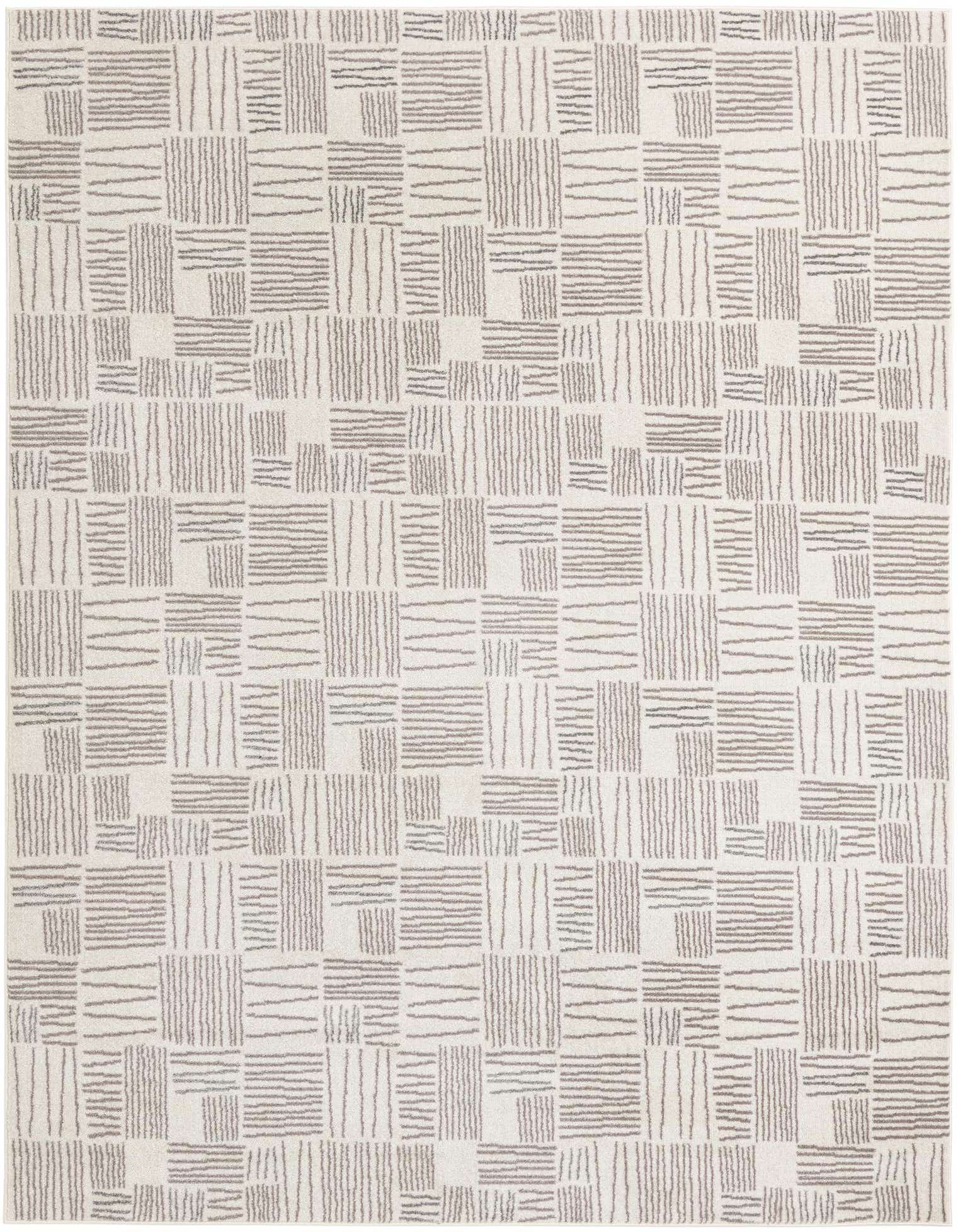 A 9x12 rectangular ivory and cream modern area rug with an abstract pattern of short, textured gray lines forming a grid of squares.