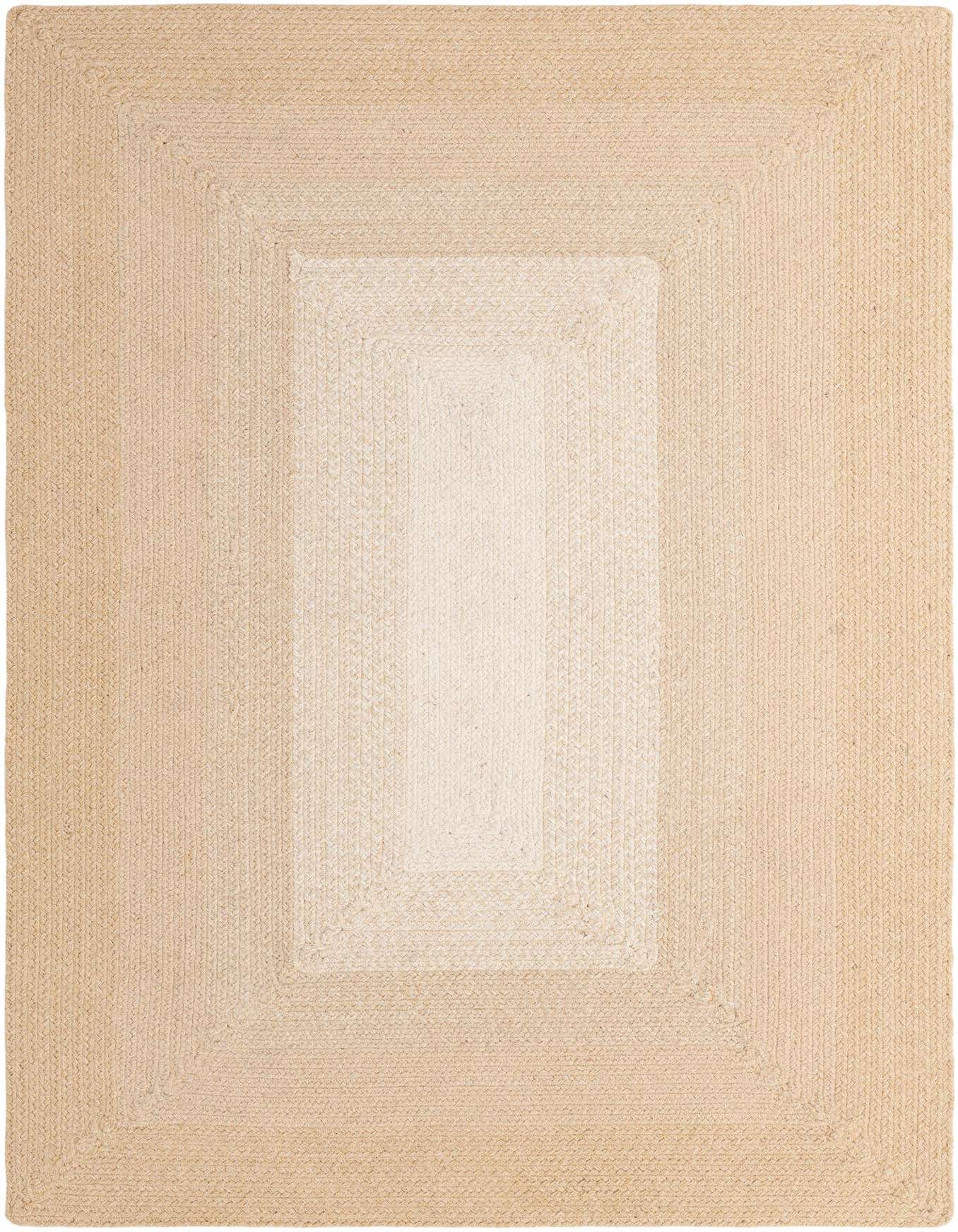 A 4x6 rectangular ivory wool rug with a hand-braided texture and a subtle rectangular border design, suitable for a living room.