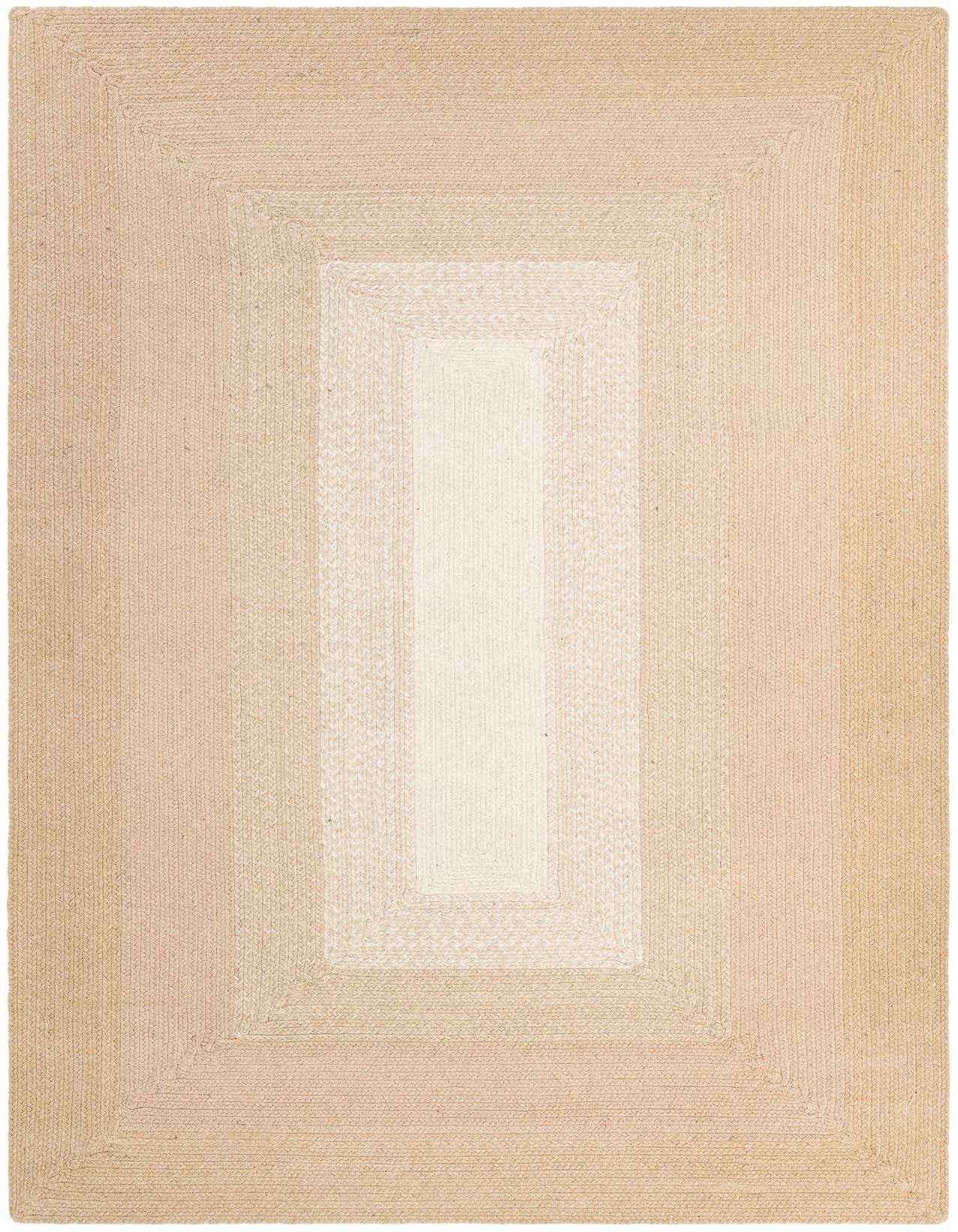 A 5x8 rectangular ivory and cream wool rug with a braided texture and a subtle rectangular medallion pattern.