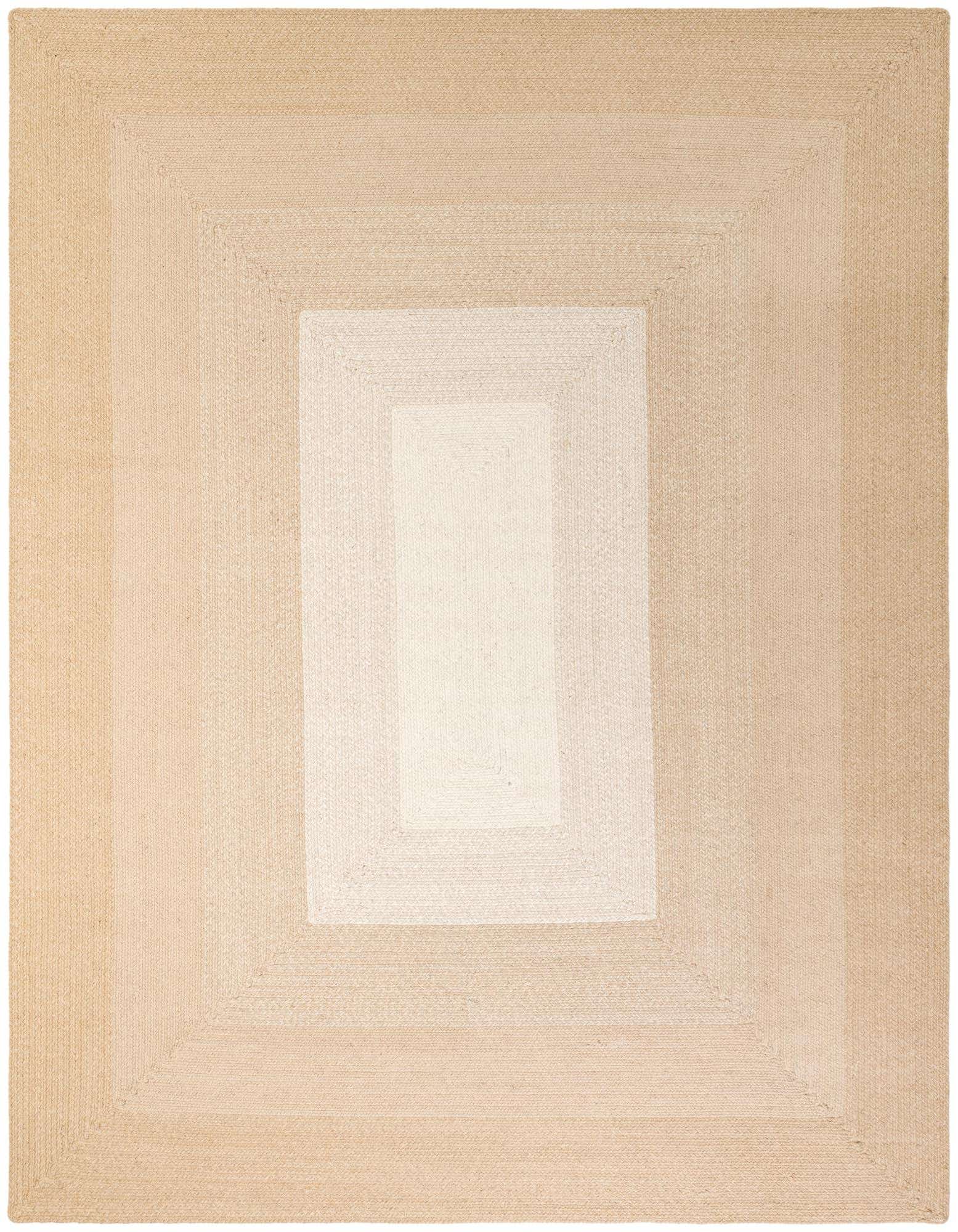 An 8x10 rectangular ivory and cream braided wool rug with a modern concentric rectangular pattern, suitable for a living room.