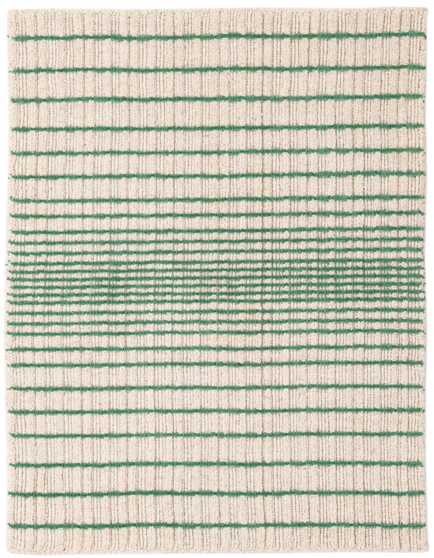 A 2x3 rectangular ivory wool rug with a modern stripe pattern, featuring varying widths of green horizontal lines.