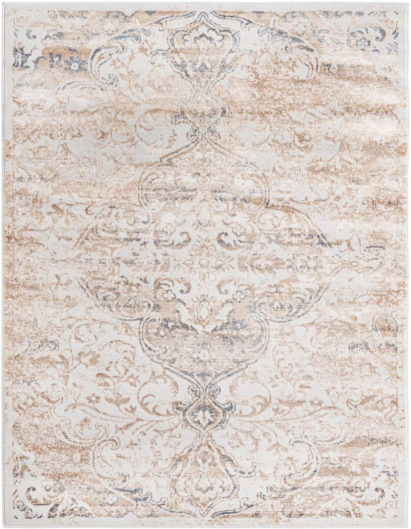 A 4x6 rectangular ivory and cream area rug with a distressed traditional medallion pattern in beige and subtle blue tones.