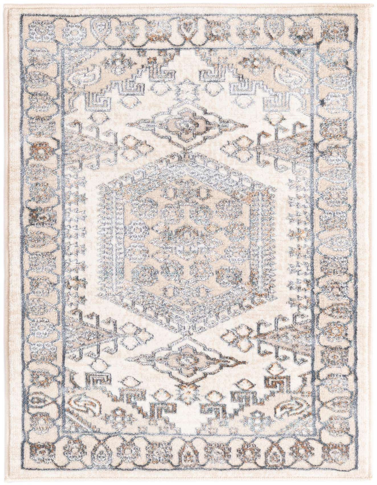 A 2x3 rectangular ivory and cream rug with a distressed traditional tribal medallion pattern and a textured pile.