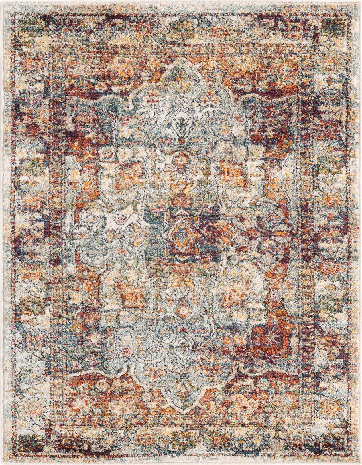 A 3x5 rectangular Isabella rug with a distressed traditional medallion pattern in shades of ivory, cream, white, orange, and blue.