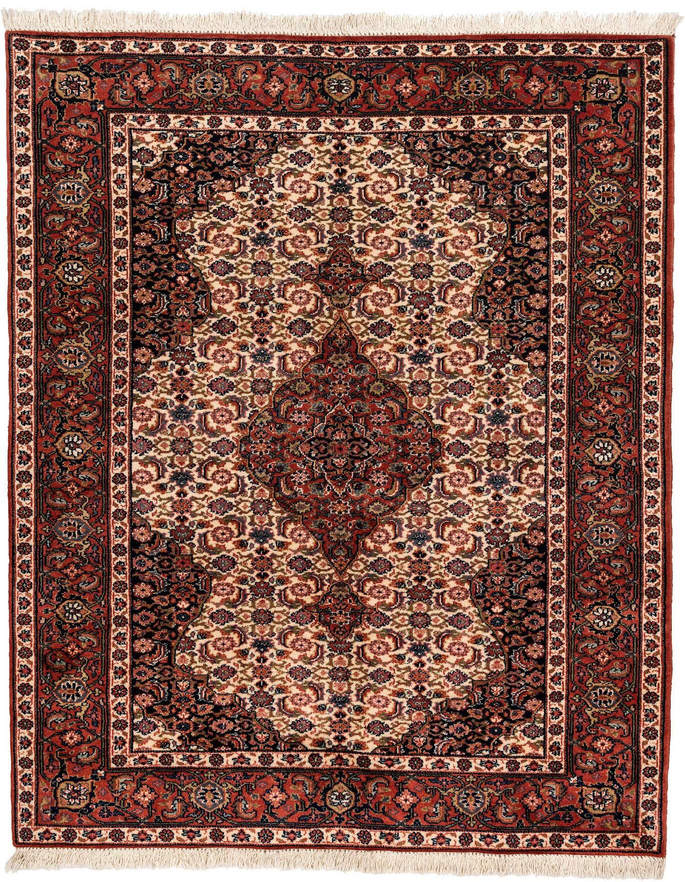 A 4x6 rectangular Isfahan rug featuring an intricate ivory, cream, and red oriental floral pattern with a central medallion and detailed border.