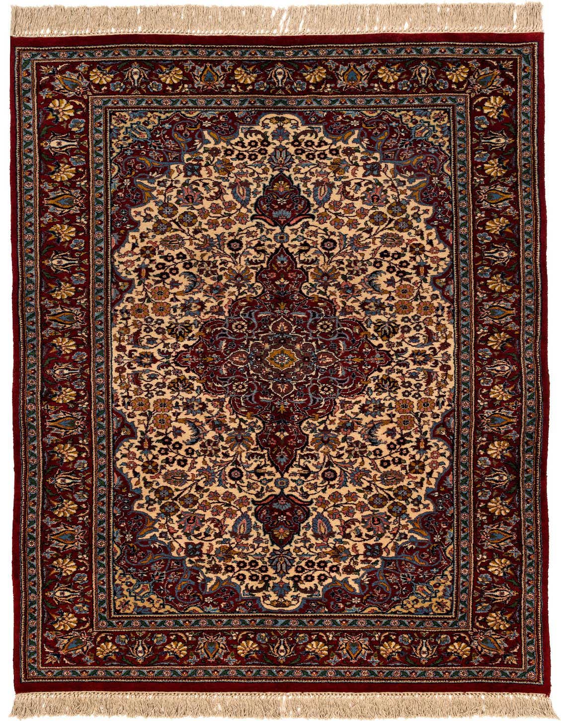 A 4x6 rectangular ivory and red traditional wool rug with an intricate floral medallion pattern and fringe.