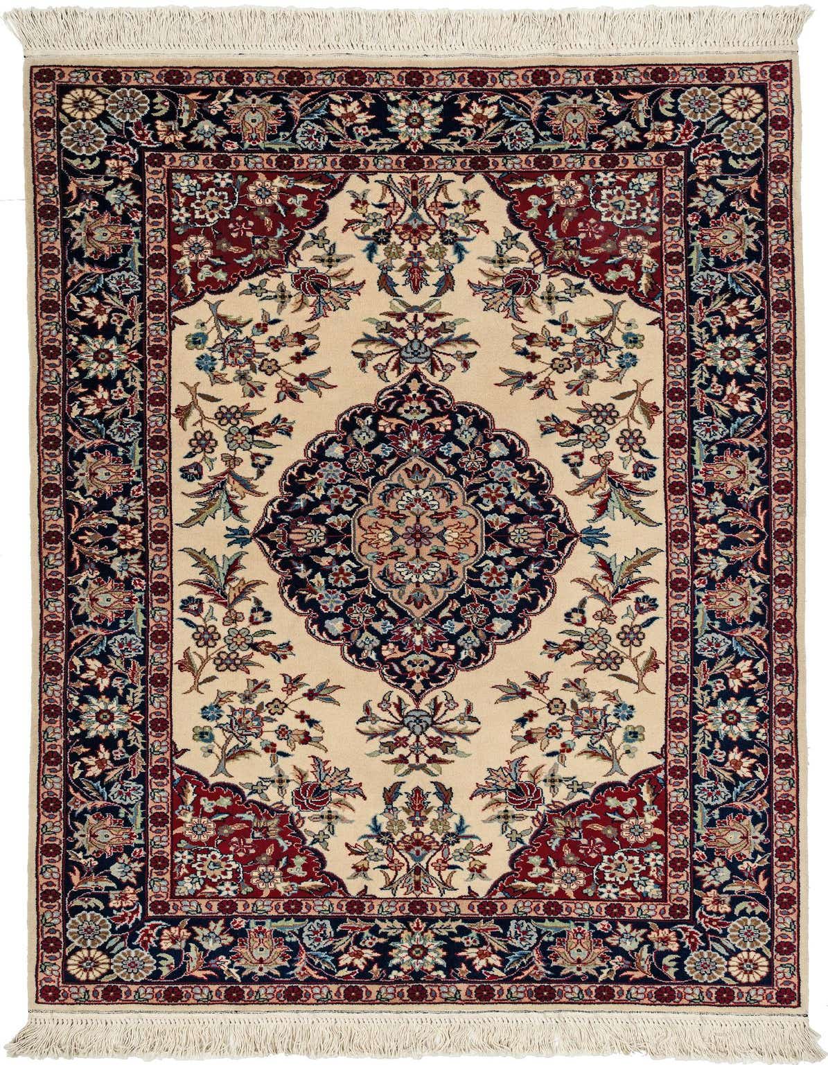 A 3x5 rectangular ivory and cream traditional Oriental rug with a detailed medallion and floral pattern, featuring red, blue, and black accents.