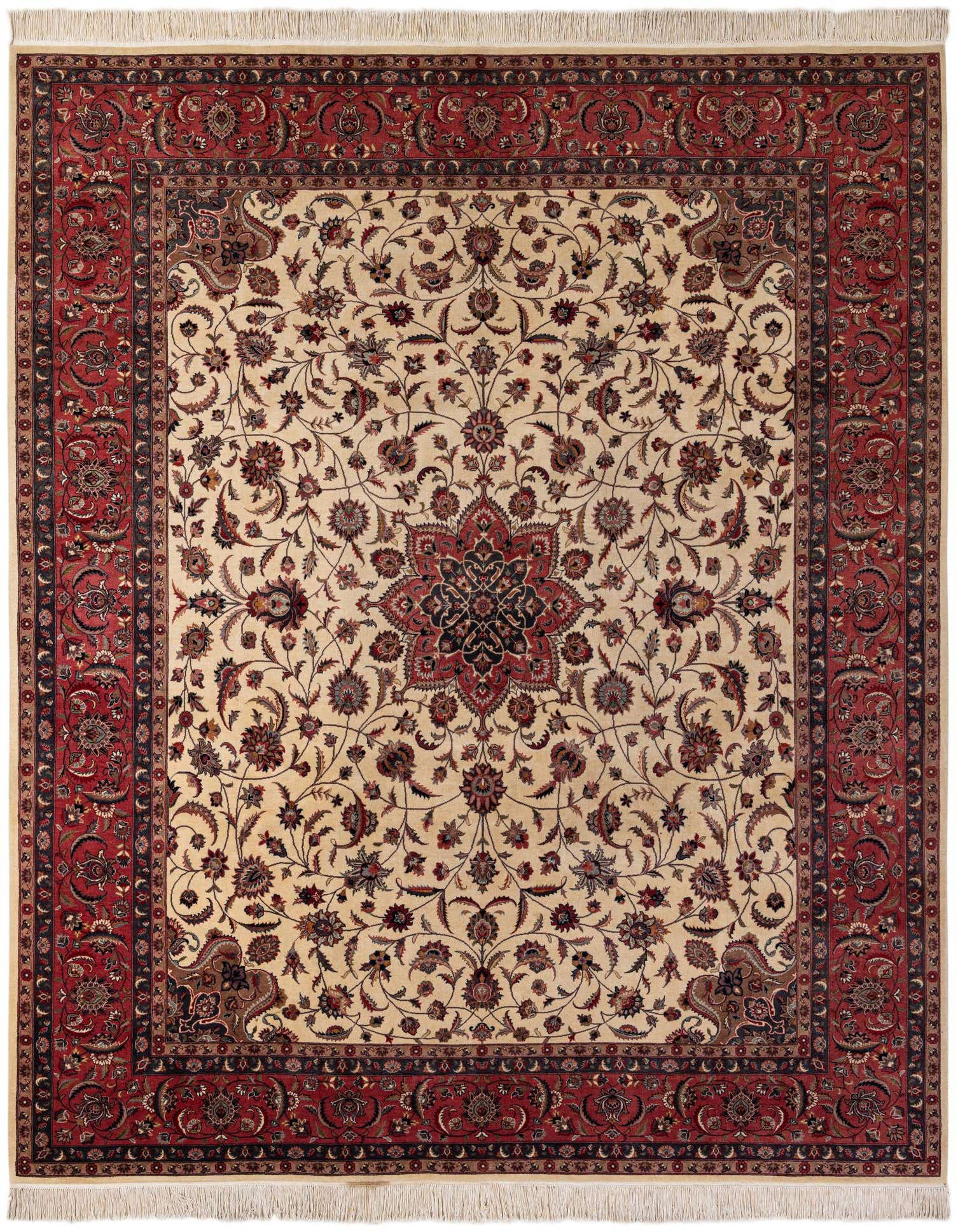 An 8x10 rectangular ivory and red traditional wool rug with a central medallion and intricate floral patterns.