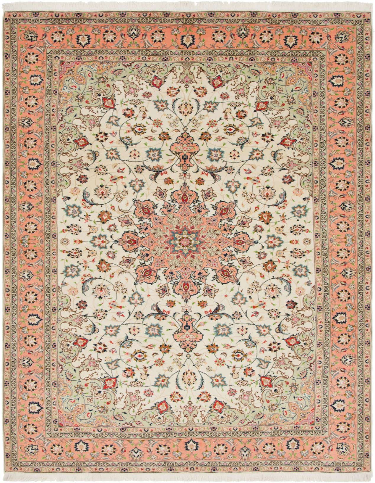 A 6x9 rectangular ivory Persian rug with a central medallion and intricate floral patterns, bordered in peach.