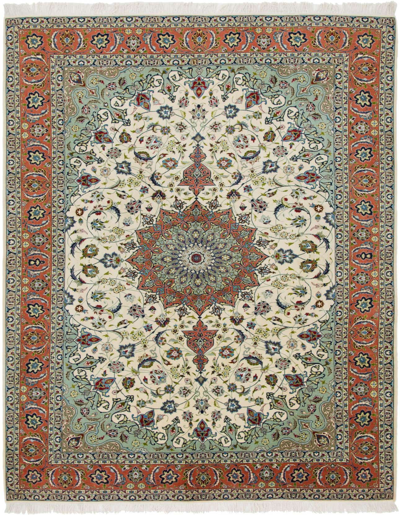 A 6x9 rectangular ivory Persian rug with a central medallion, intricate floral patterns, and a rust-colored border.