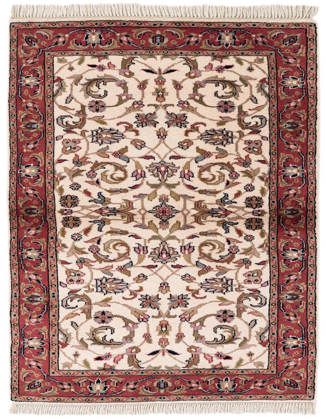 A 3x5 rectangular ivory and cream wool rug with a traditional floral pattern and a deep red border, featuring fringe.