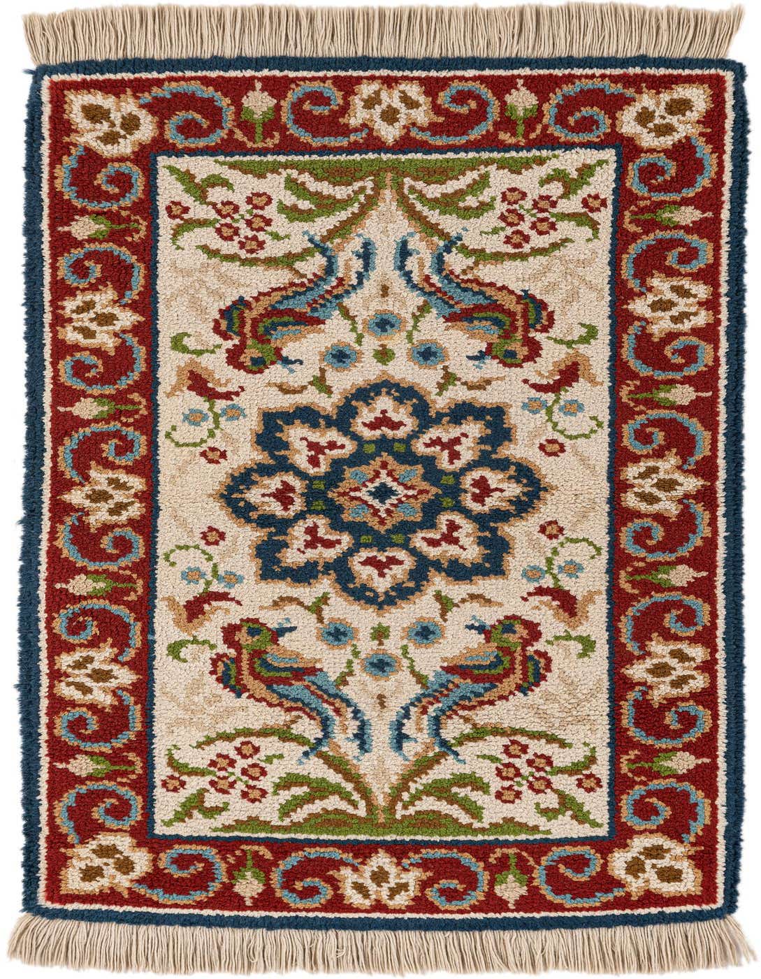 A 3x5 rectangular ivory Oriental rug with a central blue medallion, red border, and floral motifs.