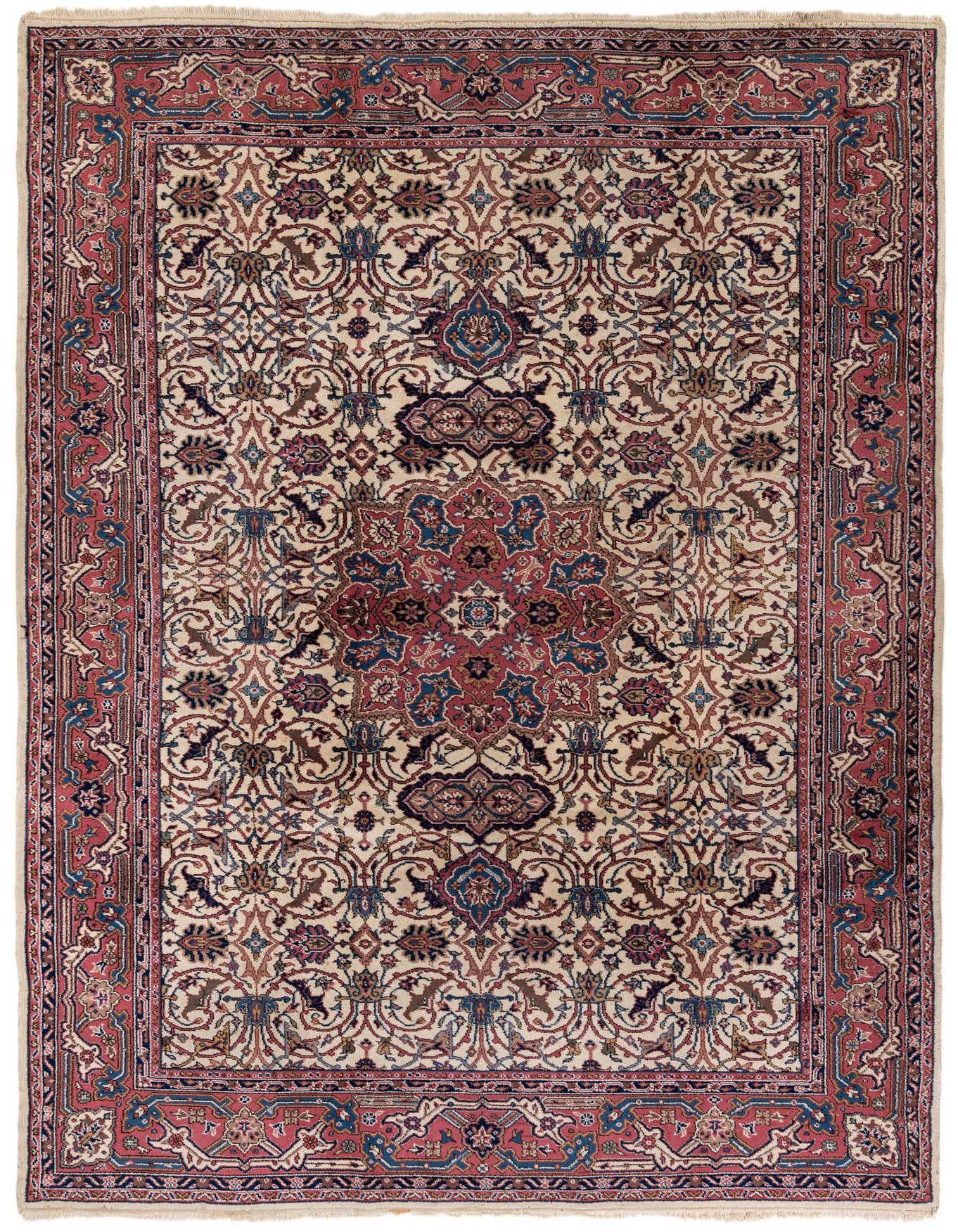 A 7x10 rectangular Jaipur Agra rug with an ivory field, red border, and intricate floral and medallion patterns.
