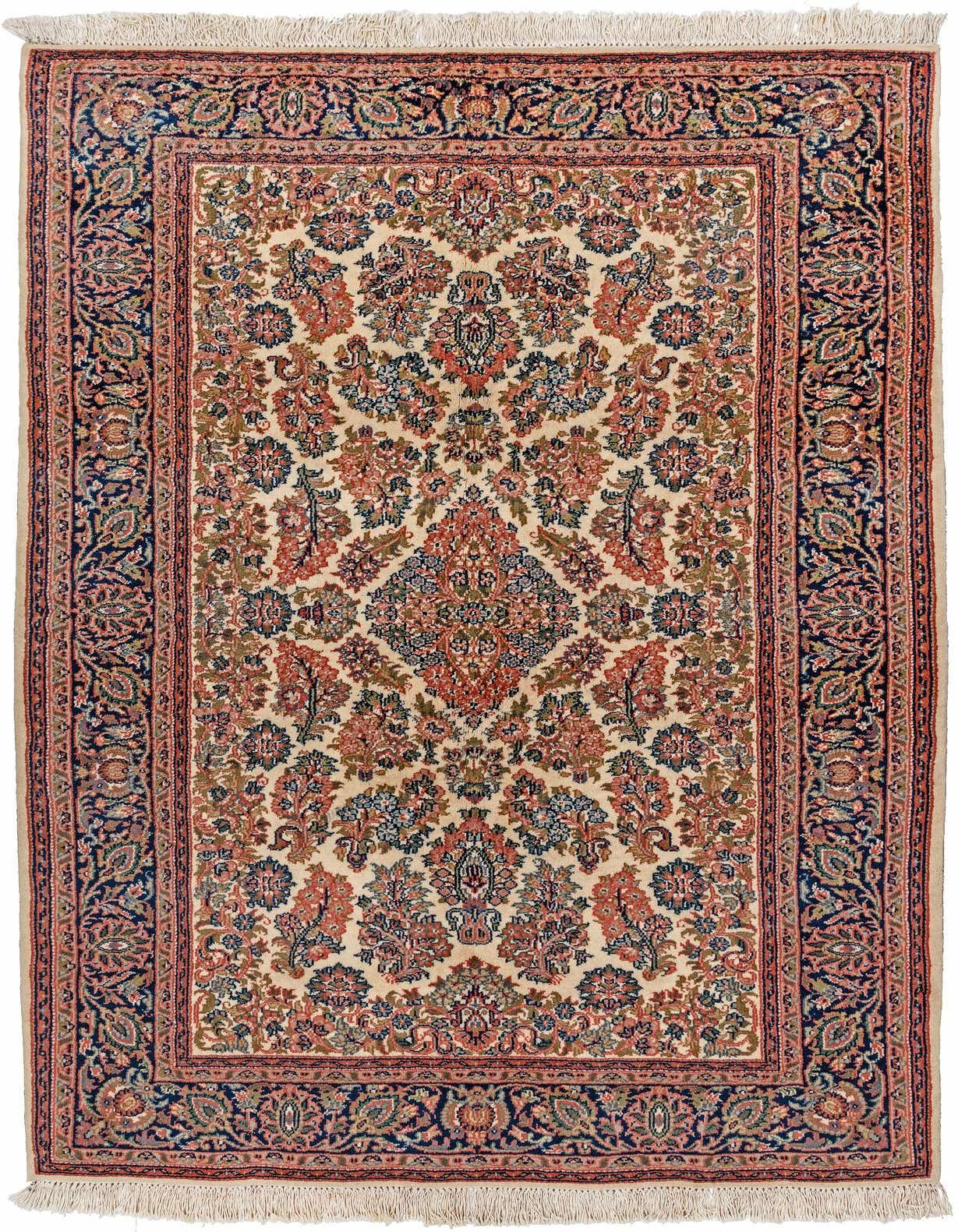 A 4x6 rectangular ivory wool rug with a traditional floral pattern and a dark blue border, suitable for an indoor living room.