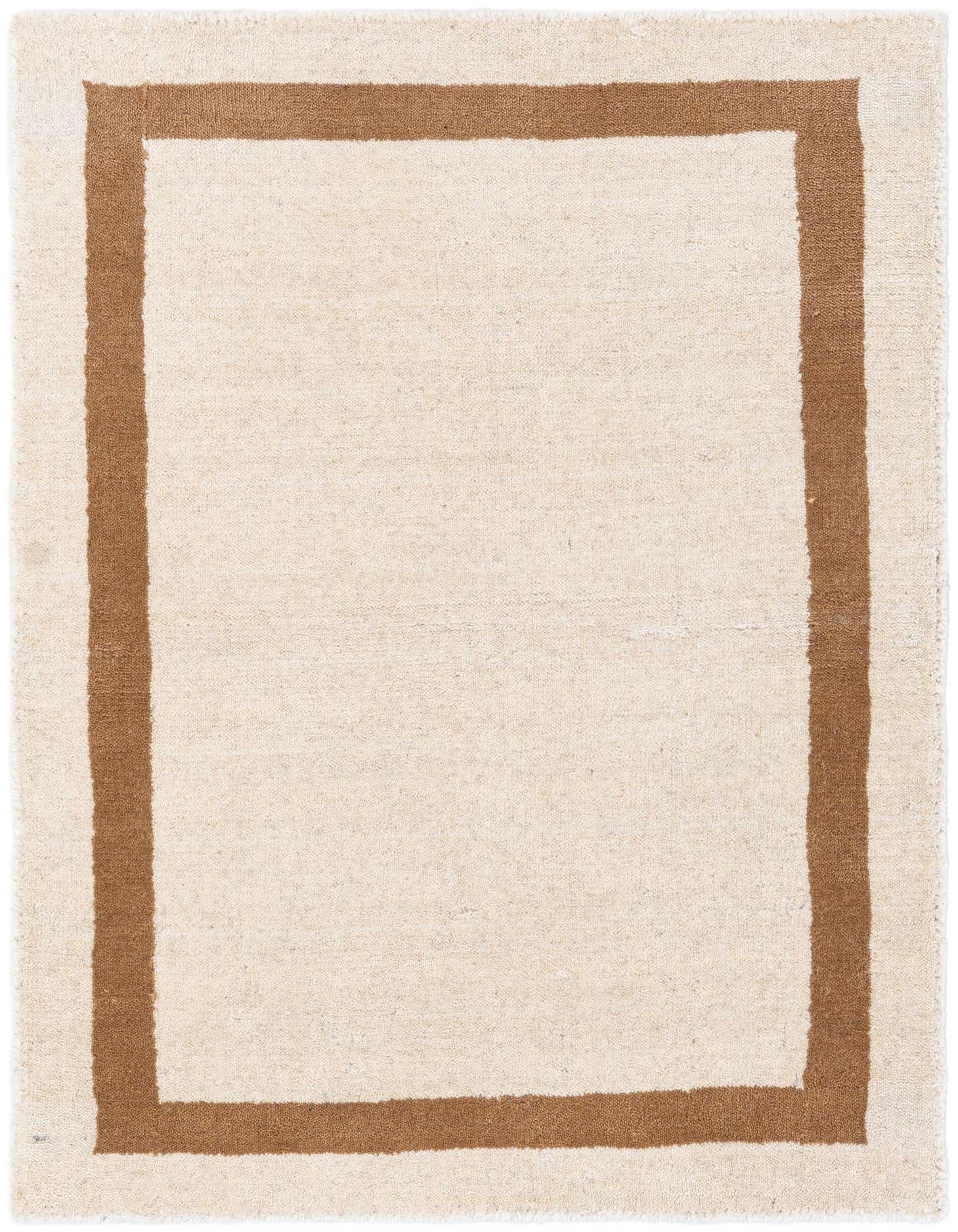 A 2x3 rectangular ivory and cream rug with a medium brown border, suitable for an entryway or kitchen.