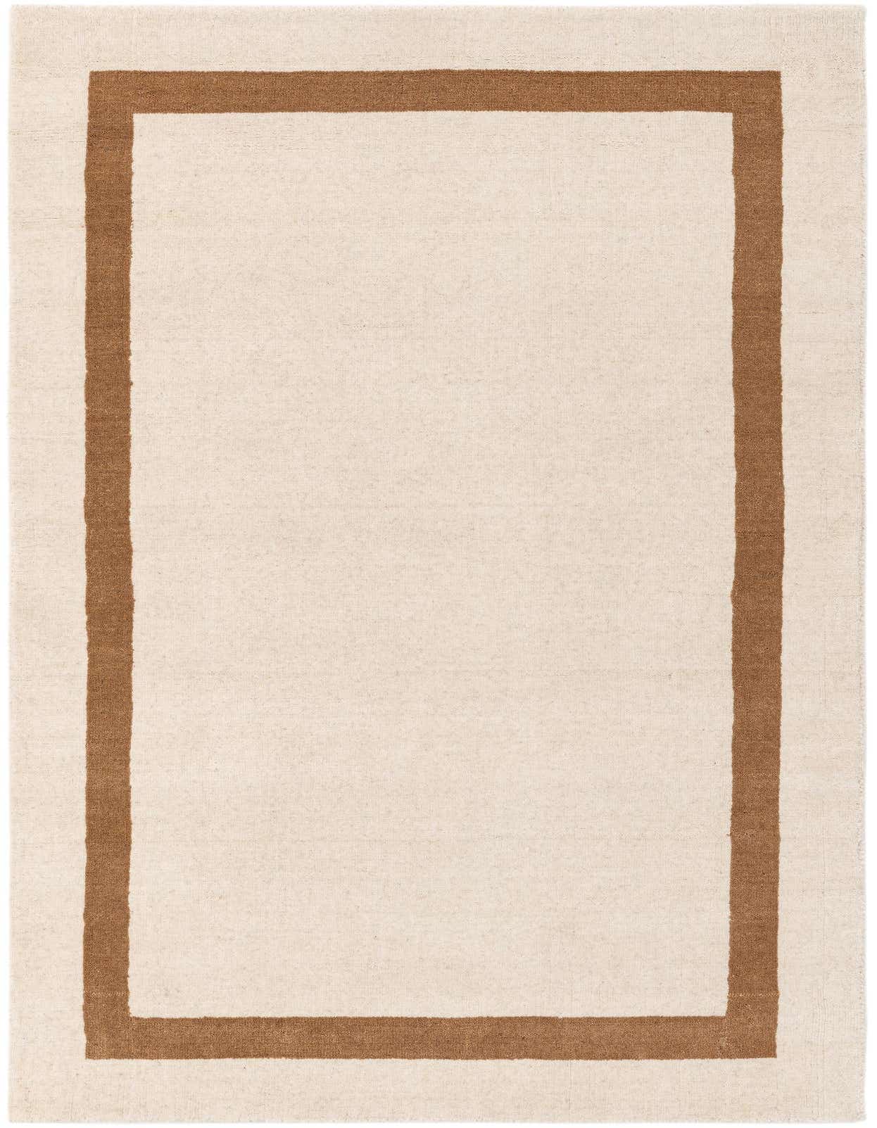 A 3x5 rectangular ivory area rug with a thick brown border, suitable for an entryway or kitchen.