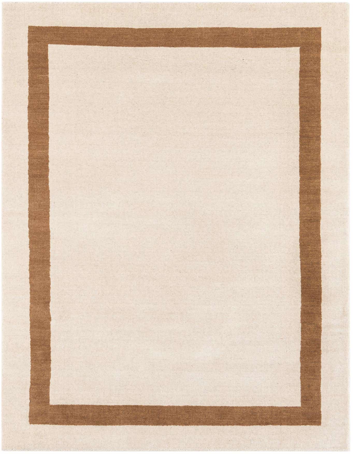 A 4x6 rectangular ivory modern rug with a thick brown border, suitable for various indoor rooms.