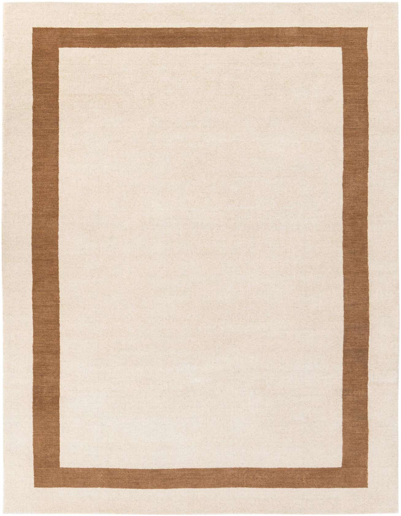 A 5x8 rectangular ivory area rug with a clean, modern brown border, suitable for a living room.
