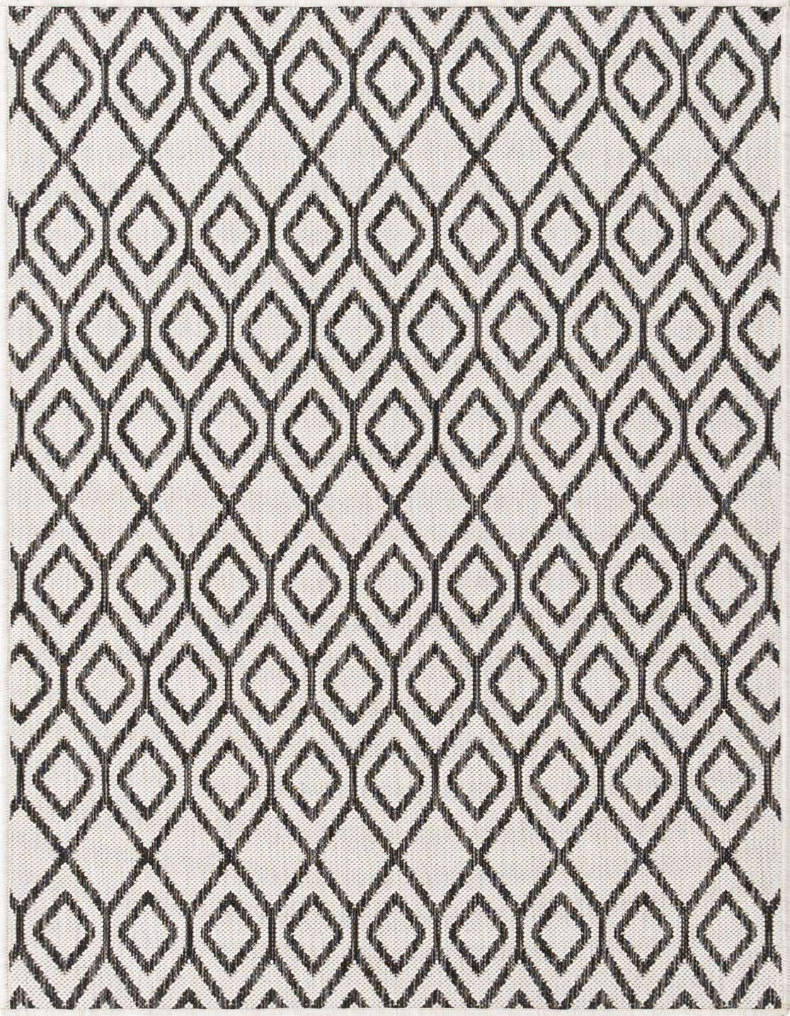 A 3x5 rectangular ivory and black flatweave rug with a modern trellis pattern, suitable for indoor or outdoor use.